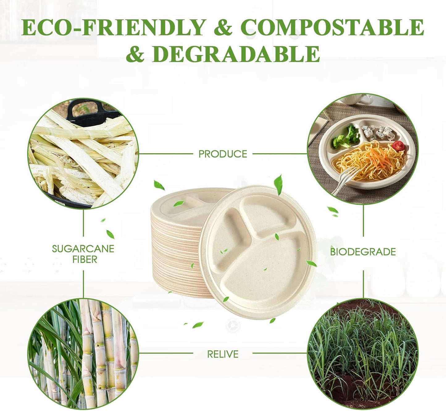 Vplus 100% Compostable Paper Plates, 125 Pack 9 Inch 3 Compartment Plates Disposable, Heavy Duty Biodegradable Plates Made of Sugar Cane Fibers, for Daily meals, Dinner, Parties, BBQ