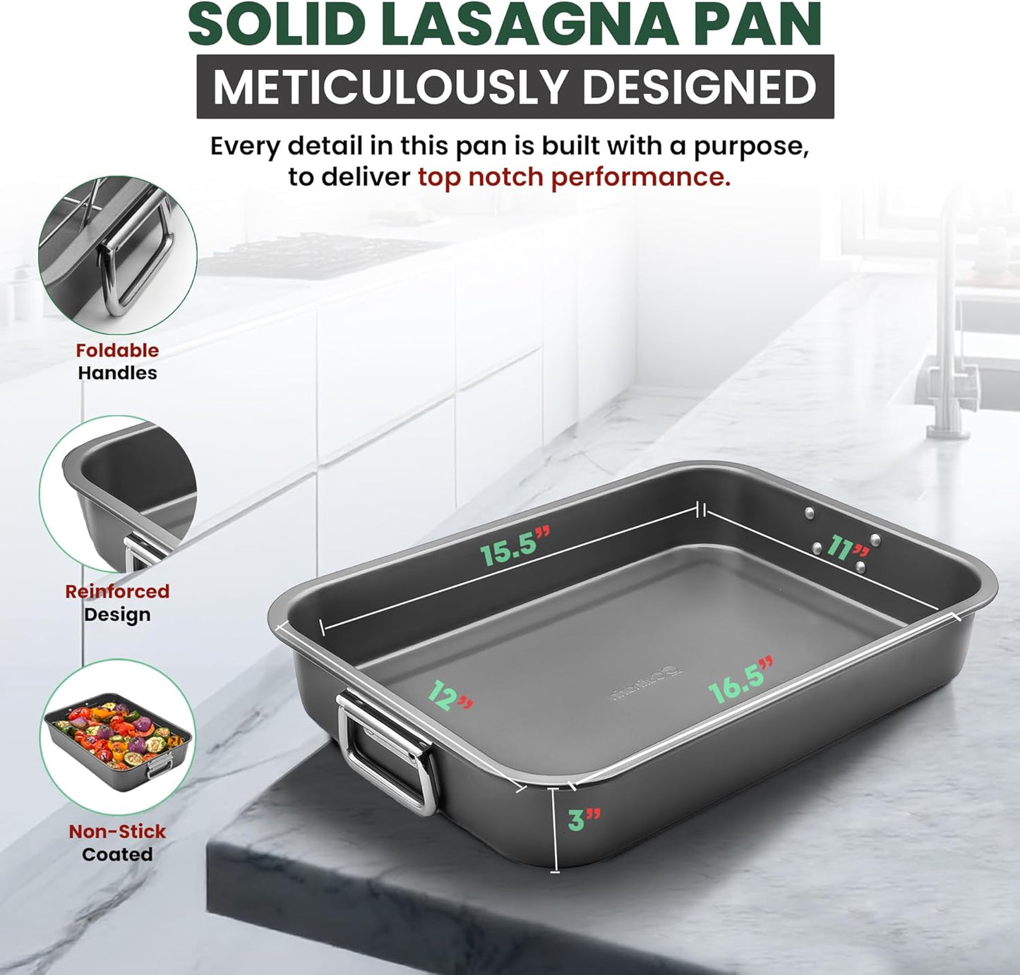 Large Lasagna Pan 12” x 16” - Heavy-Duty Nonstick Casserole Dishes for Oven - Convenient Deep Lasagna Baking Dish With Foldable Handles - Casserole Dish Is Dishwasher Safe and Perfect for Any Meal
