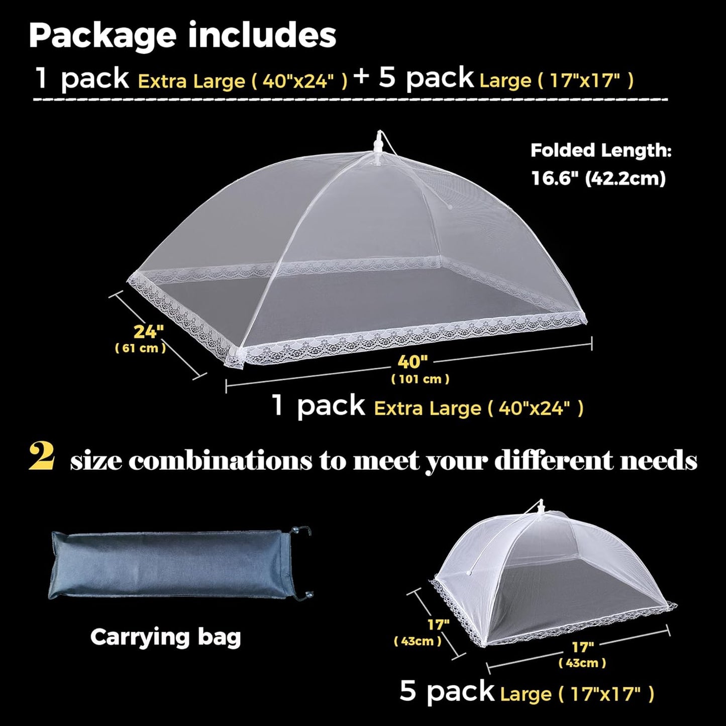 Mesh Food Covers for Outdoors,1 Pack 40"X24" Extra Large Food Net + 5 Pack 17"X17 Large Pop Up Mesh Food Tent Umbrella Food Covers for Outside Picnic Party BBQ Supplies