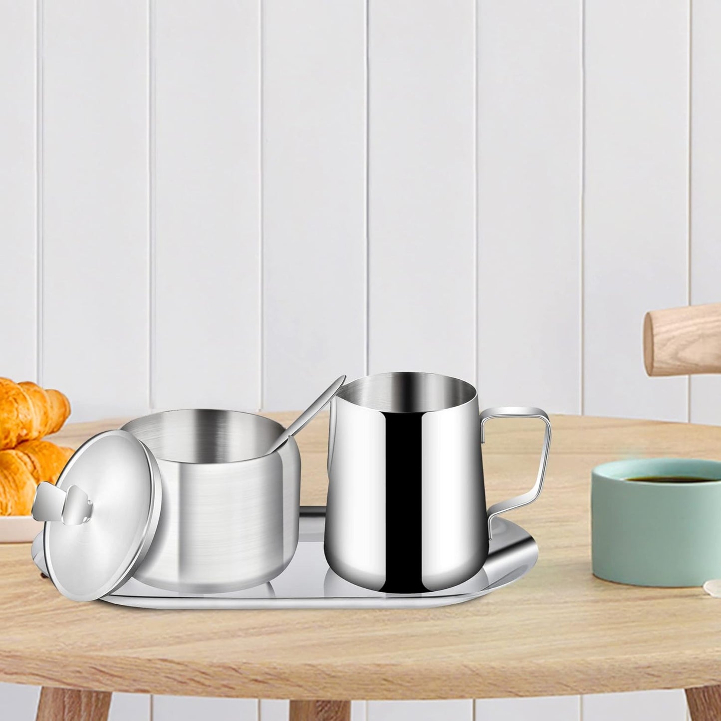 Stainless Steel Sugar and Creamer Set, Coffee Sets for Serving, Latte Milk Cup Cream Jug and Sugar Bowl with Lid Spoon Tray for Coffee Bar