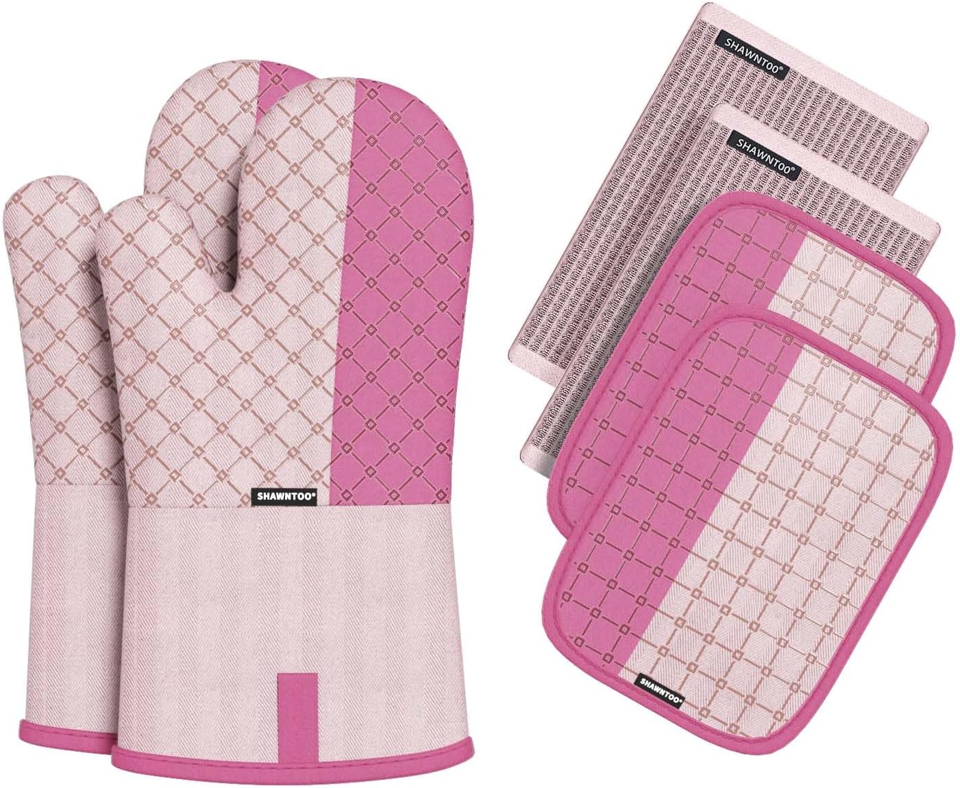 Oven Mitts and Pot Holders Sets 6pcs, Kitchen Oven Glove,High Heat Resistant 550 Degree Extra Long Oven Mitts and Potholders with Non-Slip Silicone Surface for Home Essentials (Grey) (Barbie Pink)
