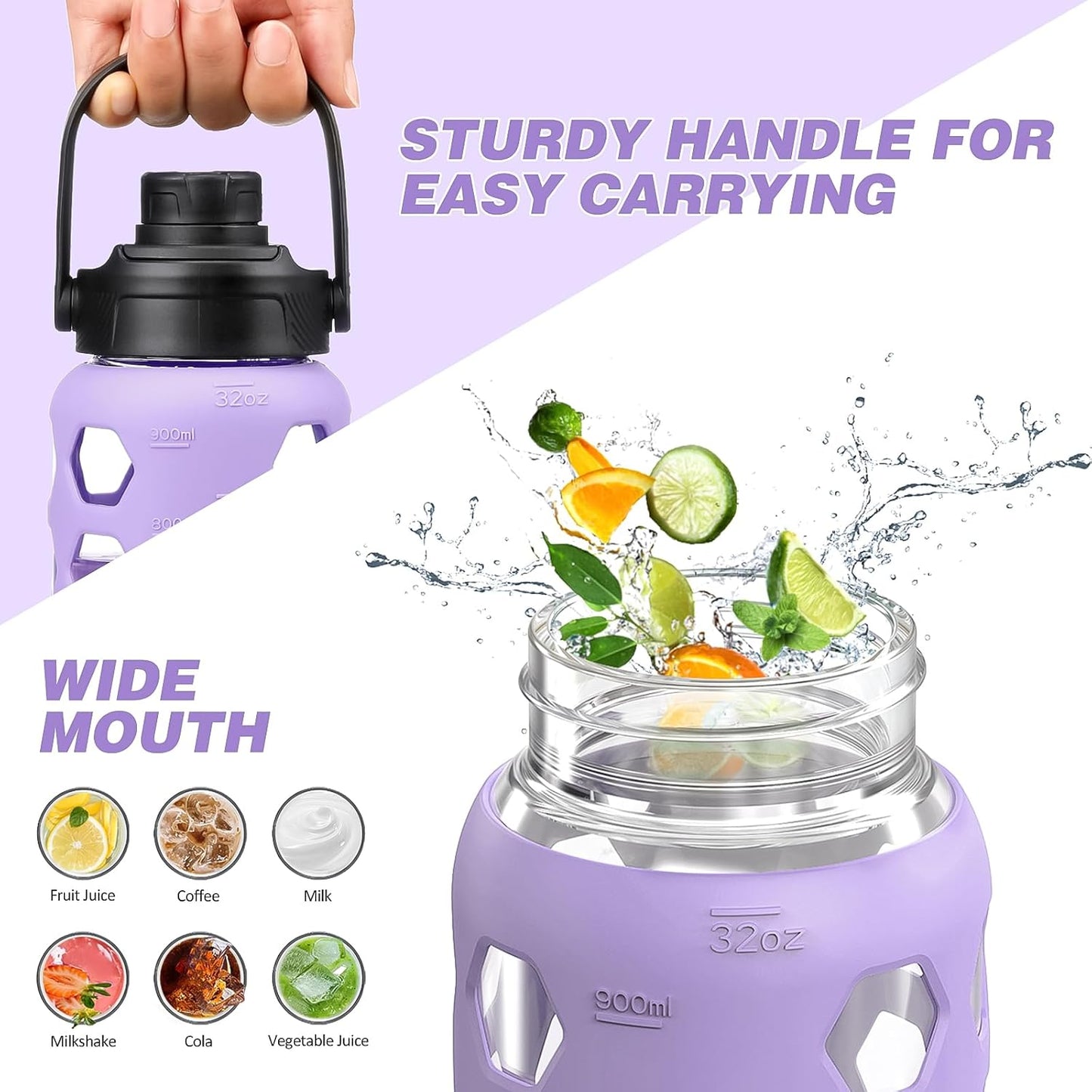 MUKOKO Glass Water Bottles, 32oz Glass Tumbler with Straw, Drinking Bottles with 2 Lids-Handle Spout Lid&Bamboo Straw Lid, Motivational Water Bottle with Time Marker and Silicone Sleeve, 1 Pack-Purple