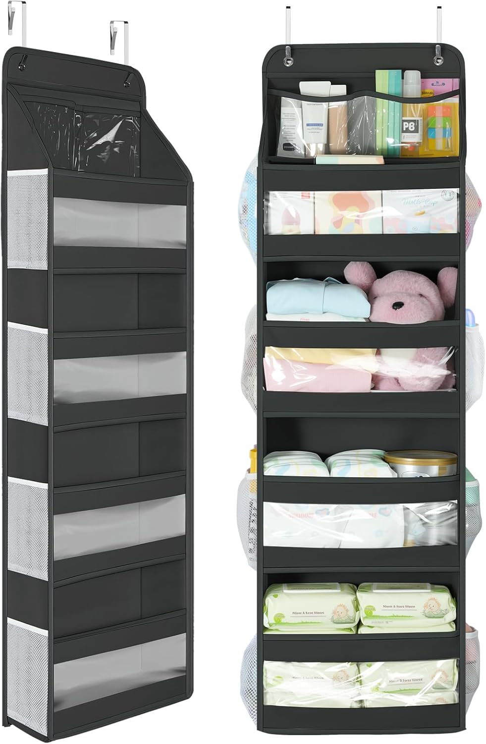 Yecaye 5 Tier 1Pc Over the Door Organizer, Swing-proof Door Organizer Hanging with Clear PVC Windows, Behind the Door Storage for Bedroom Nursery Closet Laundry Pantry Bathroom, Black