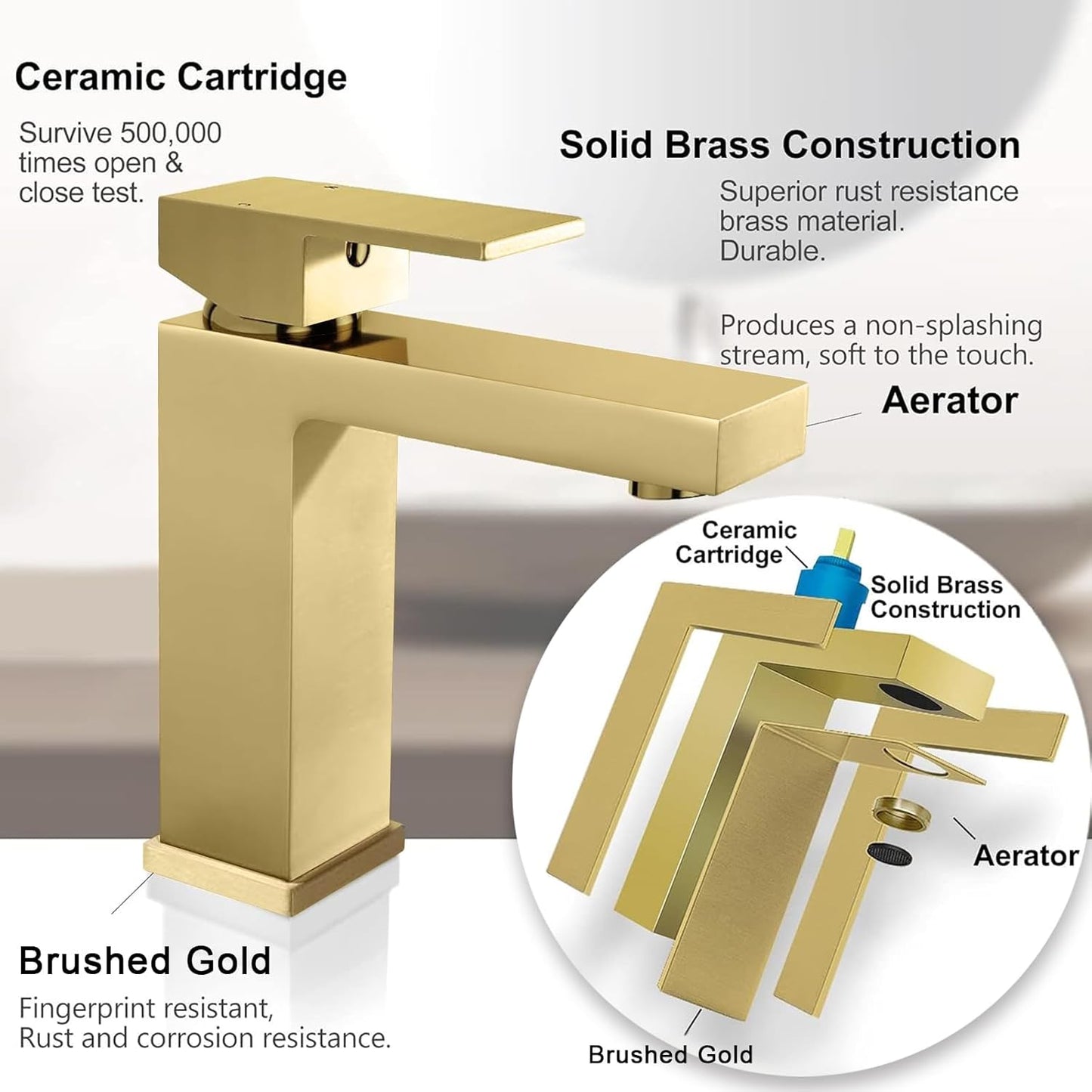 Solid Brass Bathroom Faucet, Gold Bathroom Faucet 1 Hole,CEC & cUPC Certified Lead-Free Single Hole Vanity Gold Faucet with Two Flexible Hoses & Pop Up Drain Stopper