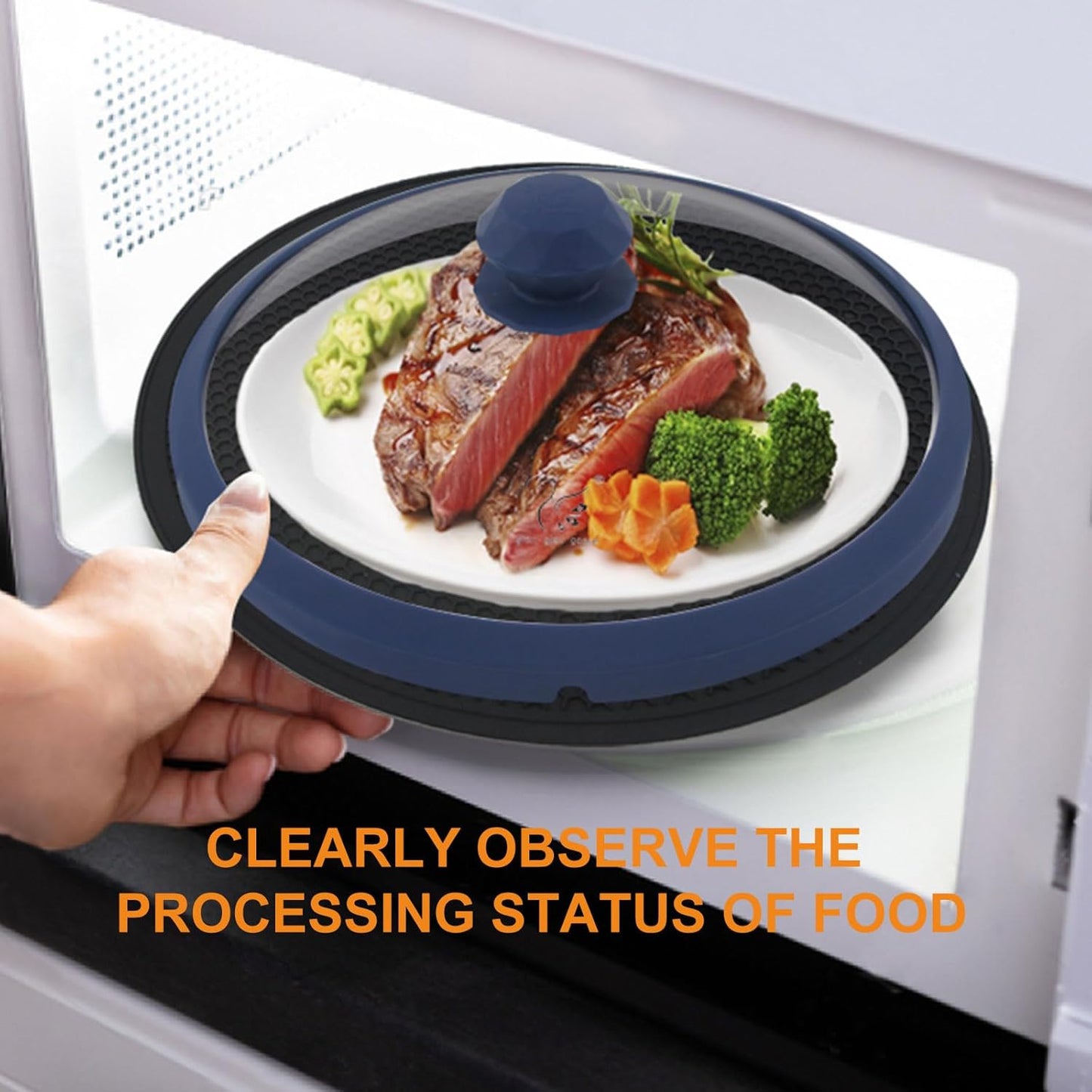 Glass Microwave Cover for Food 10.5 Inch Microwave Splatter Cover With Easy Grip Diamond Shape Handle Microwave Cover Glass Guard Lid Vented Edge Plate Cover for Heating Food (Dark Blue)