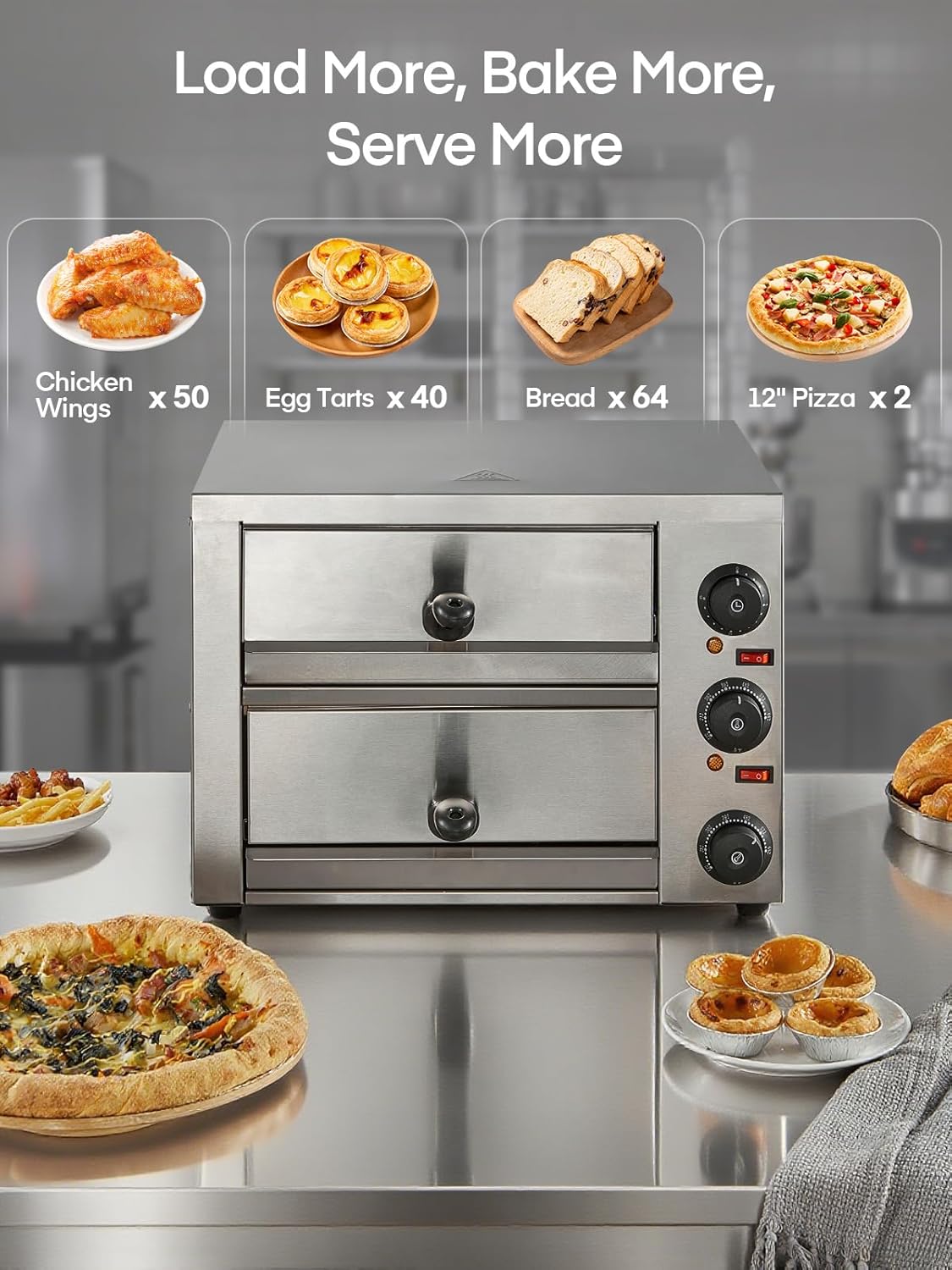 Commercial Pizza Oven, 12 Inch Countertop Pizza Ovens with 662°F Max Temp, 2-Layer Electric Pizza Cooker with Alert Timer, 1700W Stainless Steel Pizza-Maker Machine, for Restaurant,Home, Party, Silver