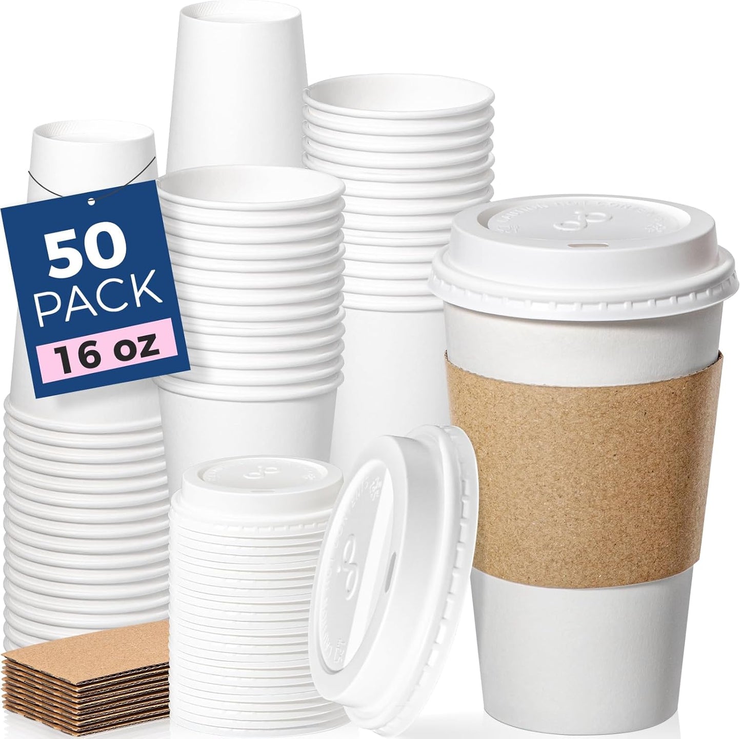 Fit Meal Prep 50 Pack 16 oz Disposable Coffee Cups with Lids, Sleeves, Leak-Proof To Go Coffee Cups with Lids, Durable Hot Paper Cups for Home, Office, Party, Business