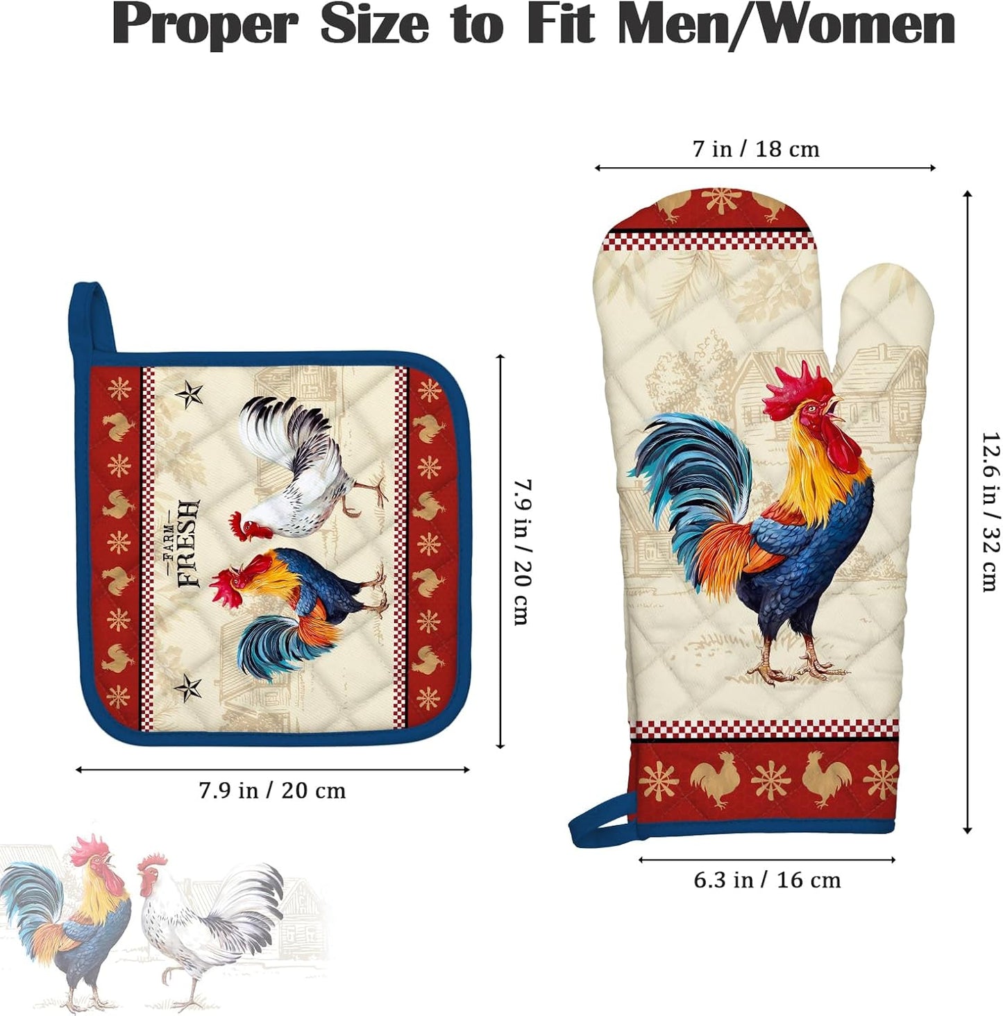 Rooster Oven Mitts and Pot Holders Sets 100% Cotton Heat Resistant, Extra Long Oven Gloves Potholder for Kitchen Cooking Baking Housewarming