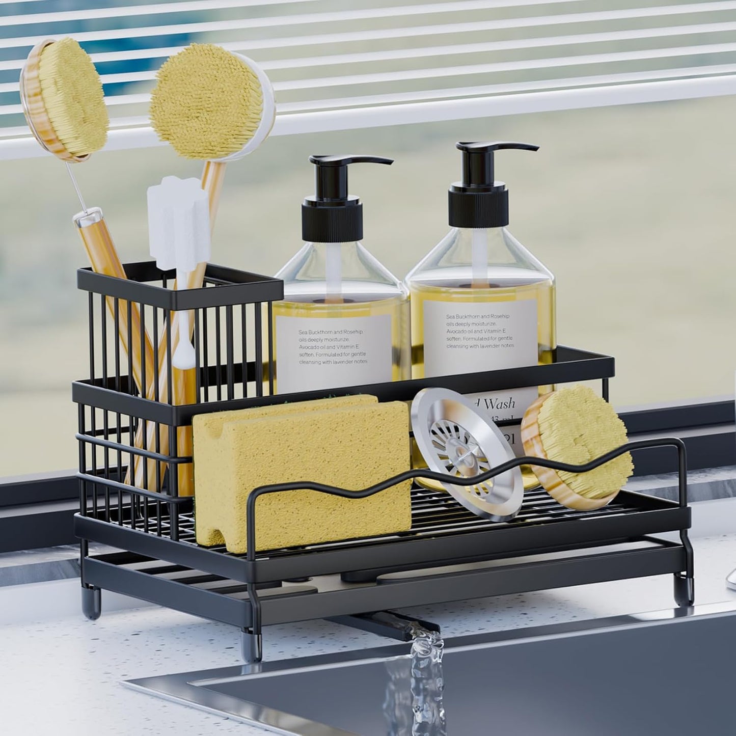 Large Sponge Holder for Kitchen, Kitchen Sink Caddy with High Brush Holder & Quick Drain Tray, 360° Swivel Spout, Stainless SteelSoap Dispenser Countertop Organizer for Sponges, Brushes & Soap