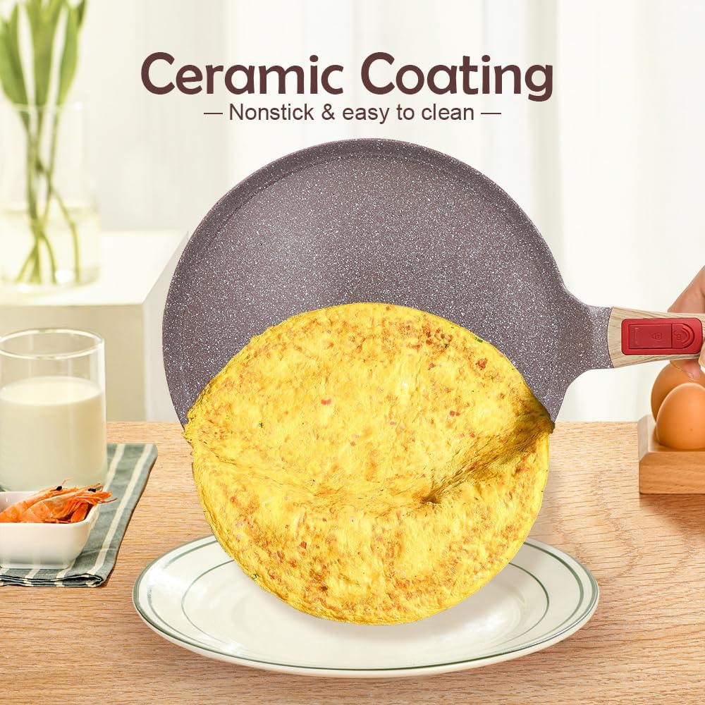 Ceramic Crepe Pan 10 Inch, Nonstick Dosa Pan Pancake Pan with Detachable Handle Round Griddle - Brown