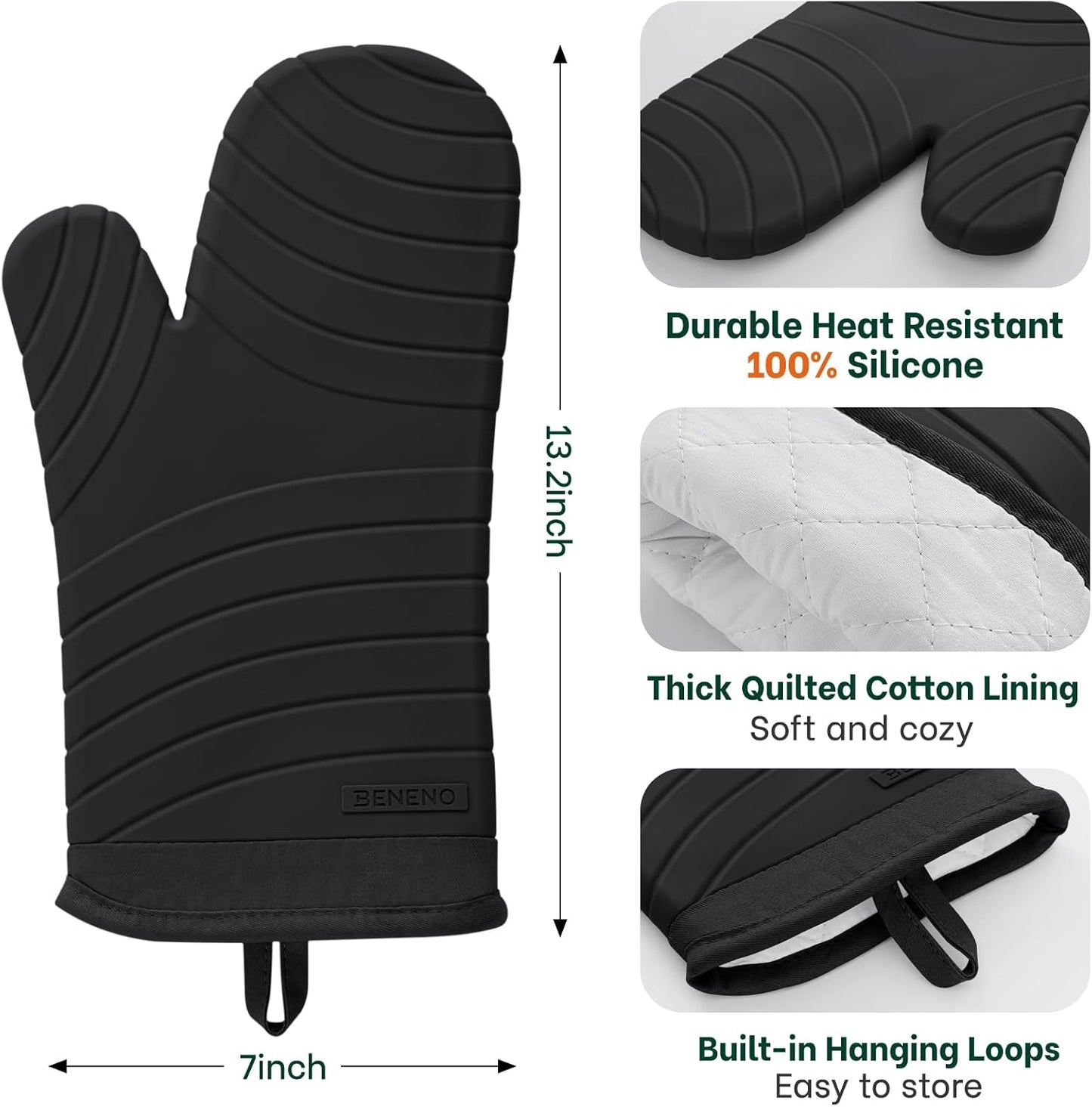 Beneno BPA-Free Silicone Oven Mitts, Heat Resistant Waterproof Oven Mitts with Non-Slip Textured Grip, Comfortable Quilted Lining, Kitchen Pot Holders for Cooking, Baking, Grilling, 7"x13", 2Pcs Black