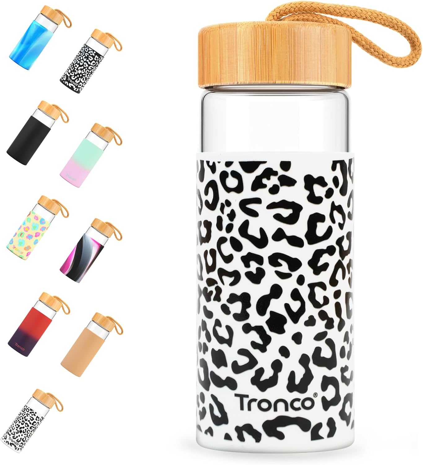 Tronco 20oz Borosilicate Glass Water Bottle with Bamboo Lid, Non-Slip Silicone Sleeve, Leak-Proof and Reusable Glass Bottle Perfect for gifts,Travel, Gym, and Everyday Use, BPA-Free, Dishwasher Safe