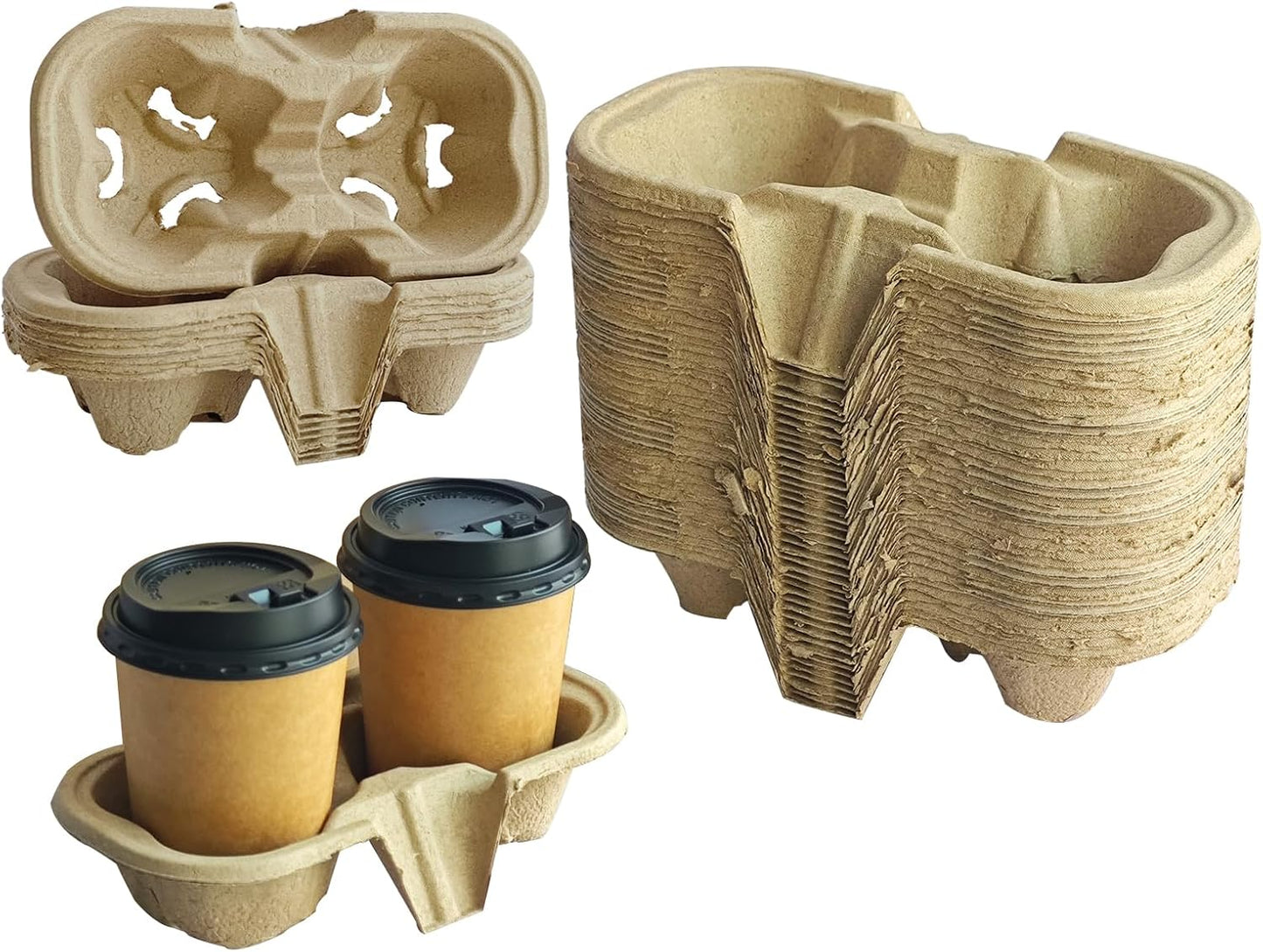 Coffee Cup Holder Disposable Cup Holder Tray, Two Cup Carrier Tray 100 Pack,Biodegradable, Eco-Friendly Drink Carrier For Delivery Of Hot Or Cold Drinks (Two-cup size tray)