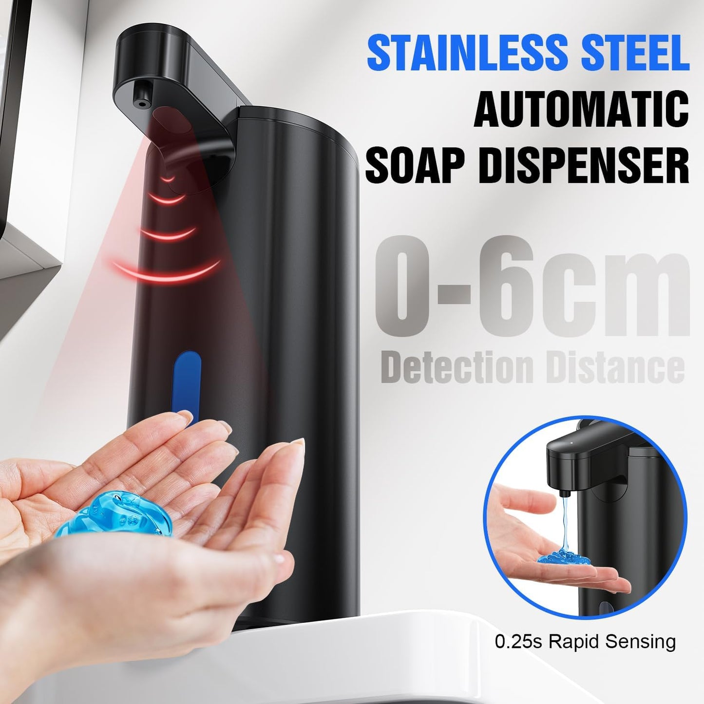Automatic Soap Dispenser Touchless, Stainless Steel 11.5 oz 3 Levels Adjustable Hand Soap Dispenser with Rechargeable Sensor Pump for Kitchen & Bathroom Liquid Soap, Black