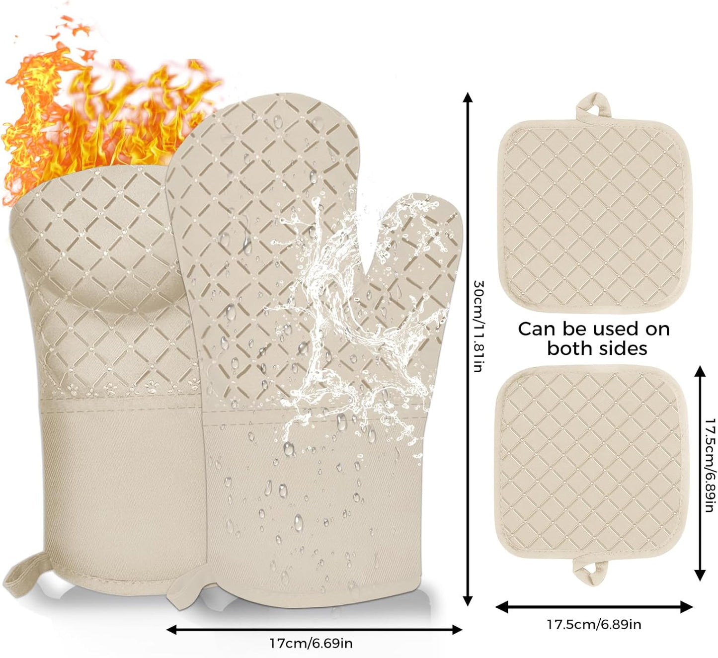 4PCS Oven Mitts and Pot Holders Sets 500°F Pot Holders for Kitchen Heat Resistant Oven Gloves Anti-Slip Silicone Stripe Oven Mitts Heat Resistant Hot Pads Oven Mits Potholders for Kitchens (Khaki)