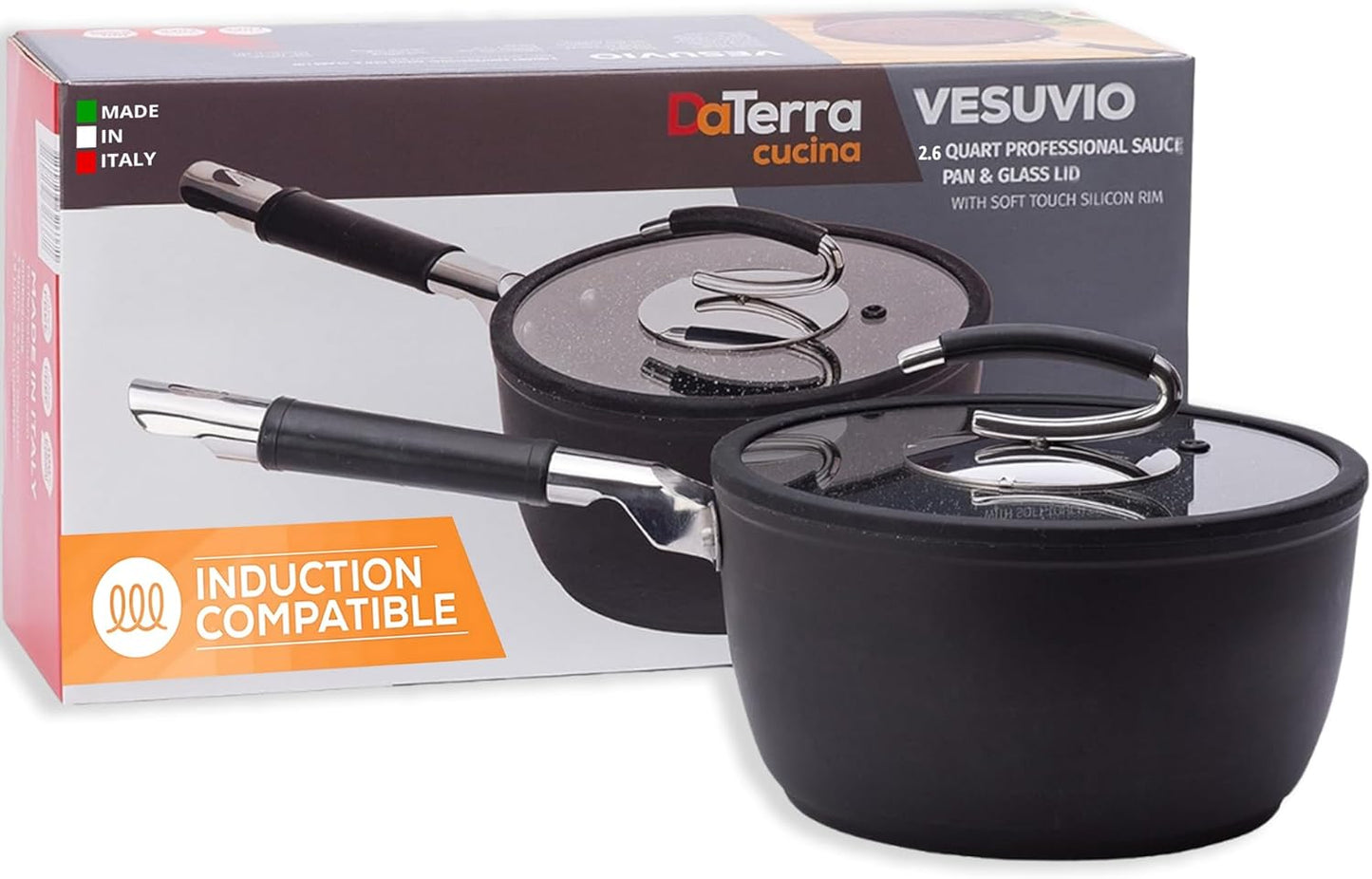 DaTerra Cucina - 2.6 Qt Nonstick Ceramic Saucepan with Lid – Induction Compatible Cooking Pot, Nonstick Ceramic Sauce Pan for Soup, Pasta, Milk, and More, Medium Size for Kitchen, Oven Safe