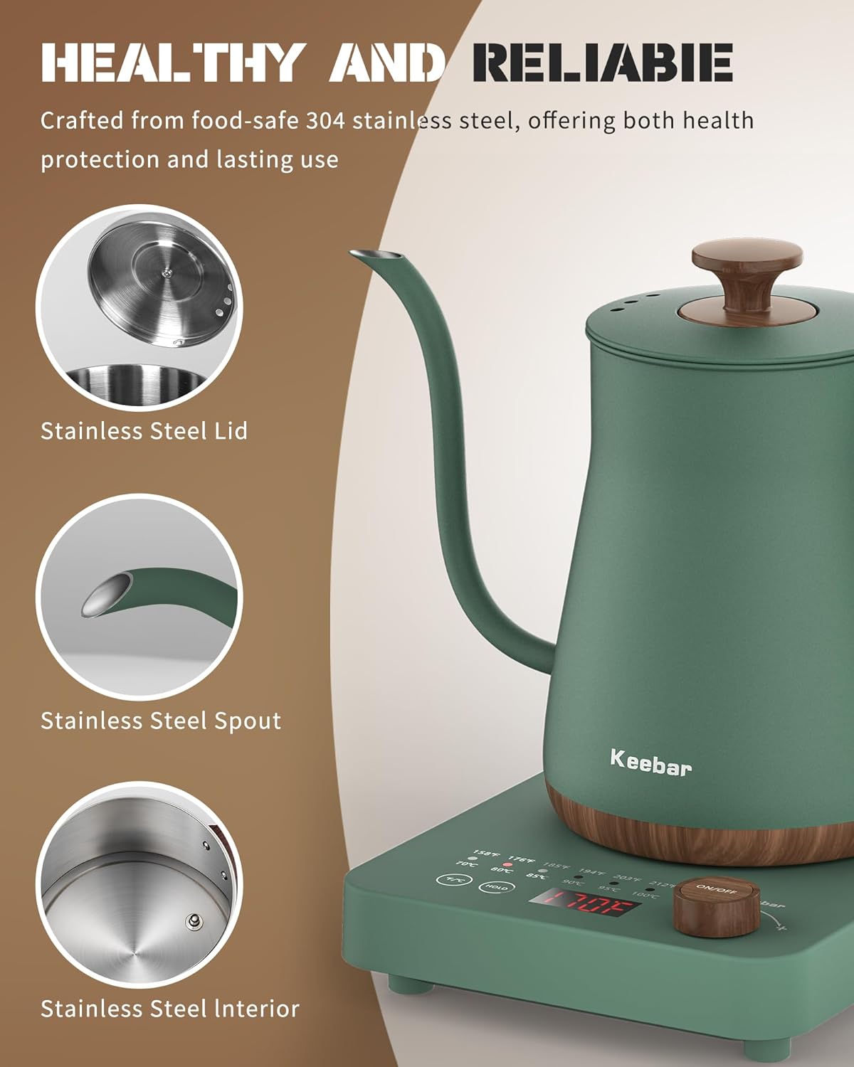 Electric Kettle, 1000W Quick Heating Gooseneck Kettles, 0.8L/27.05oz, 0.8mm Ultra-Fine Spout, Precise Water Flow Control, 304 Stainless Steel Inner, Auto Shut-Off, Boil Dry Protection, Matte Green