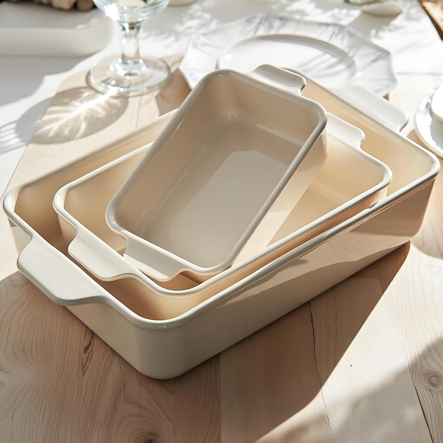 Kook Casserole Dish, Ceramic Baking Dish, Large Lasagna Pan Deep for Oven, 8.5 x 14, 11 x 7, 8 x 5, Set of 3, 92oz, 50oz, 20oz, Baking Pan with Handles, Oven Safe and Durable, Home, Gift, (Cream)