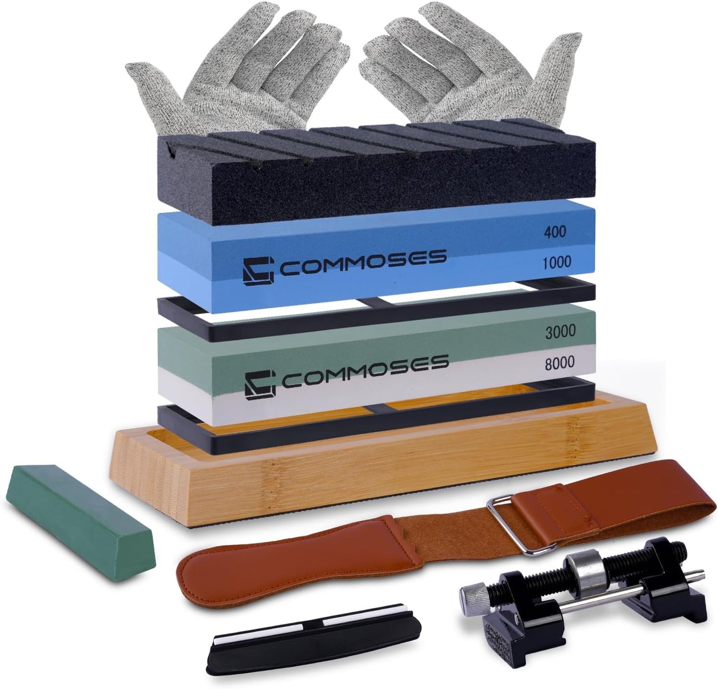 Whetstone Sharpening Stone Knife Sharpener Stone Set: 4 Side 8000|3000 1000|400 in Kitchen With Bamboo Base,Cut Resistant Gloves,Angle Guide,Honing Guide,Flattening Stone,Leather Strop,Rubber pad