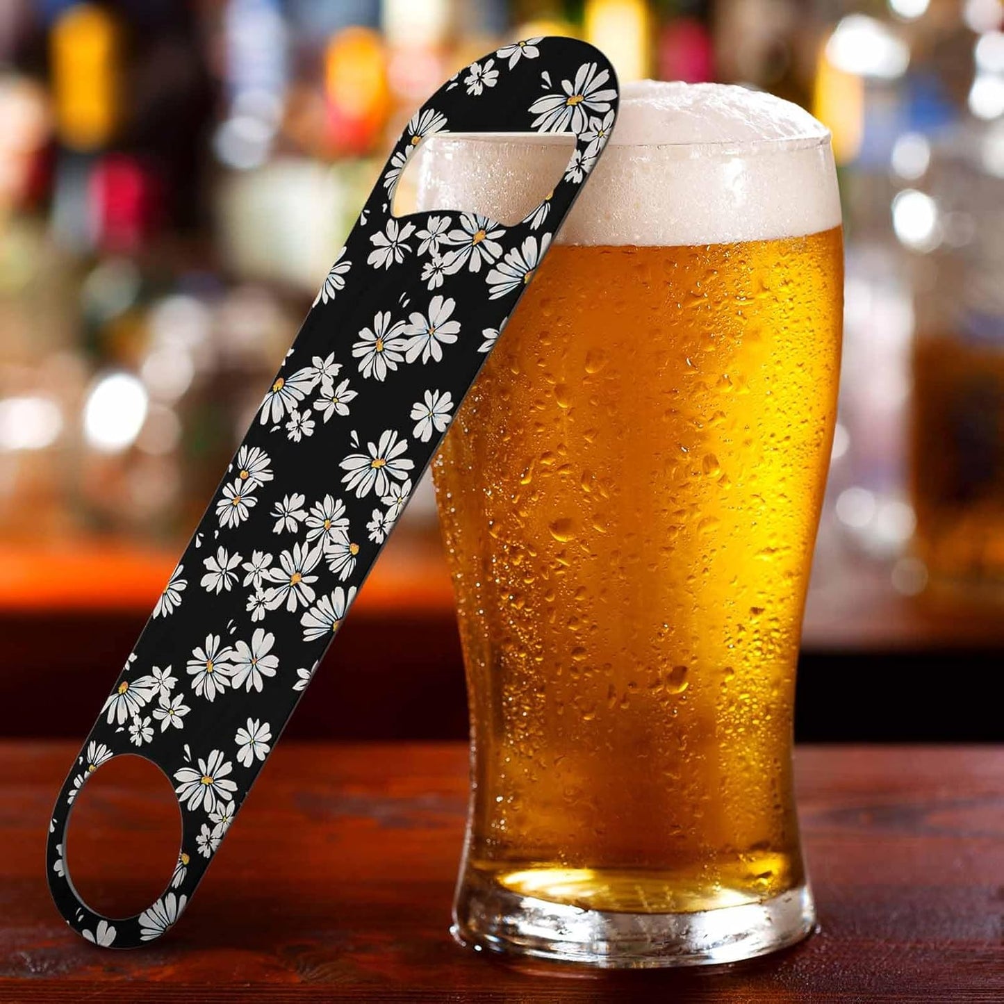 Daisy Print Stainless Steel Bottle Opener Delicate White Flower Blossom Pattern Pretty Floral Petal Flat Beer Bottle Opener Keychain for Home Kitchen Bar Restaurant Party Birthday Gift