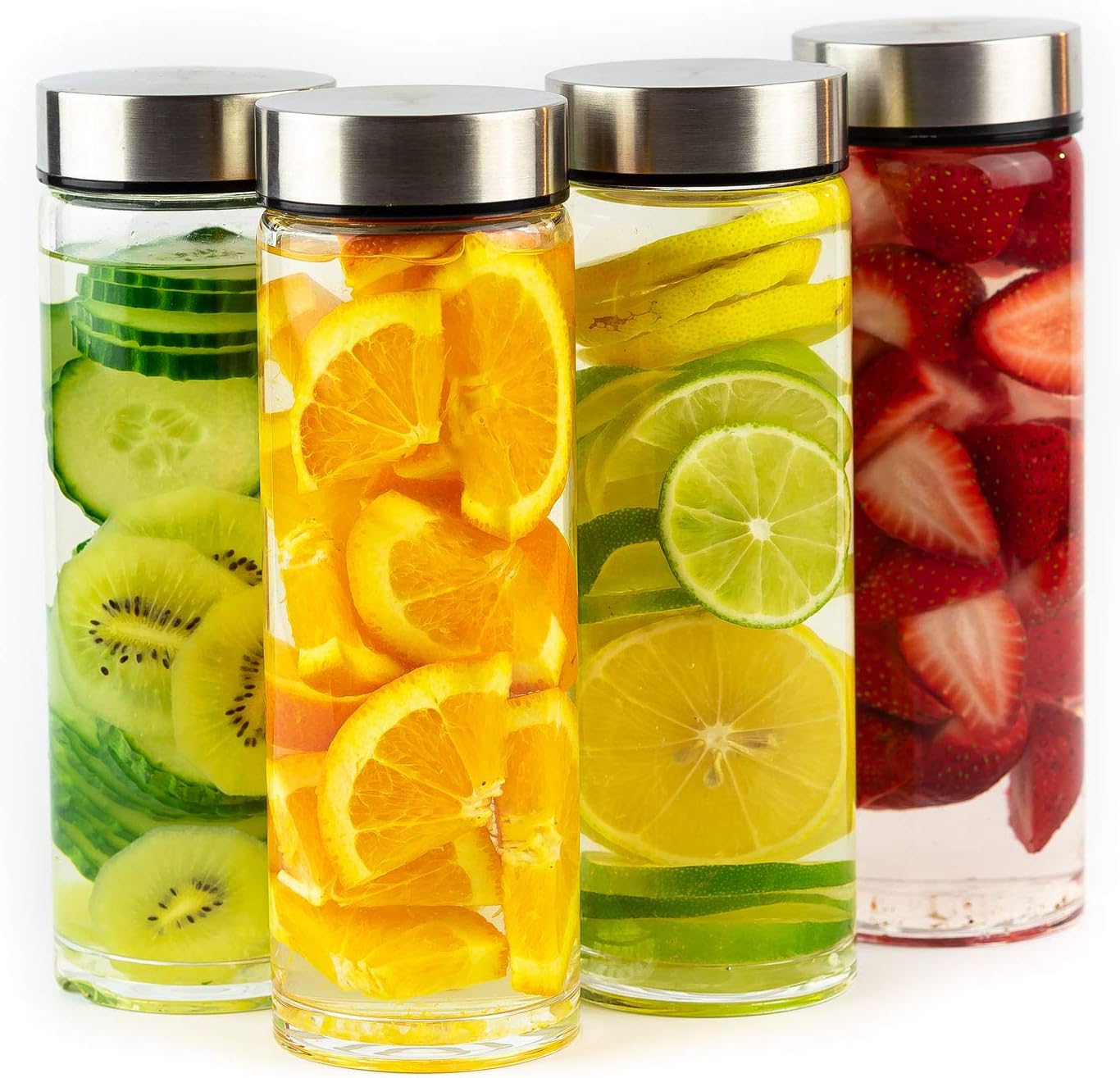Juice Bottles - 4 Pack Wide Mouth Glass Bottles with Lids - for Juicing, Smoothies, Infused Water, Beverage Storage - 16oz, BPA Free, Stainless Steel Lids, Leakproof, Reusable, Borosilicate
