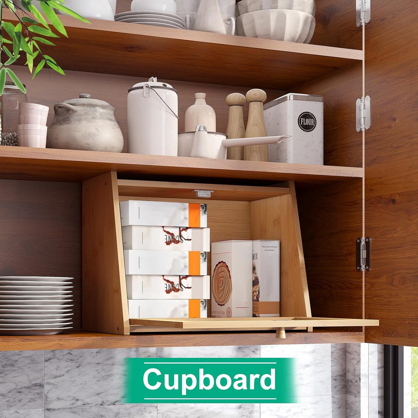 Large Bread Box for Kitchen Counter, Bamboo Bread Storage Container with Wavy Arcylic Transparent Door, Bamboo Wooden Farmhouse Bread Box for Your House