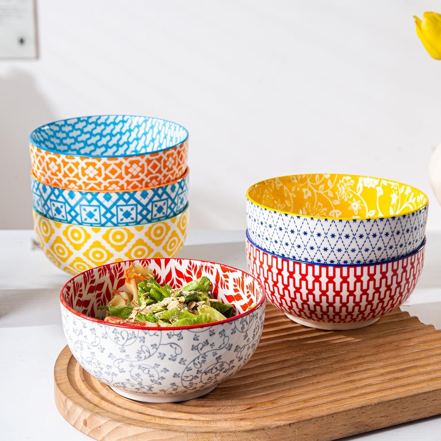 Ceramic Soup Bowls Set - 23 Oz Deep Cereal Bowl for kitchen - 6 Inch Porcelain Salad Bowl for Pasta, Dessert, Ramen - Microwave Dishwasher Safe - Set of 6 - Assorted Colors