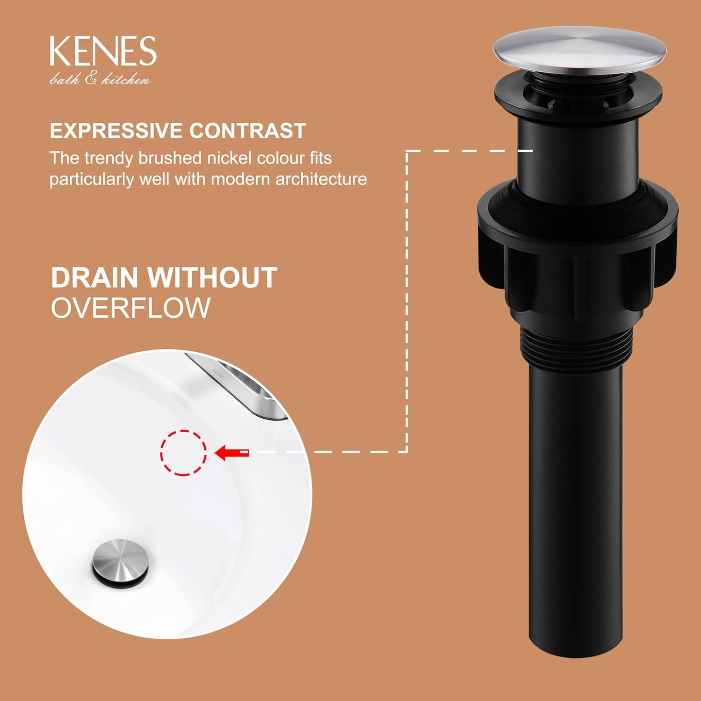 KENES Bathroom Vessel Sink Pop Up Drain Without Overflow Assembly, Lavatory Vanity Sink Drain Stopper,Anti-Clogging Drain Strainer, Brushed Nickel, KE-P300A