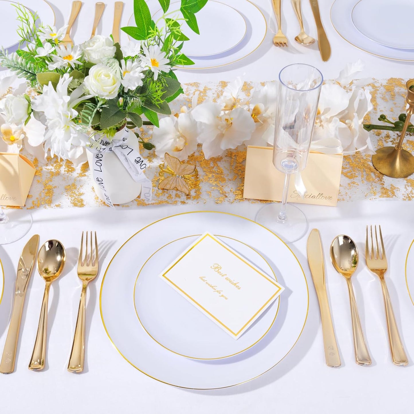 KIRE 200PCS Gold Plastic Plates - Disposable Plates for Party - White Plastic Plates with Gold Rim Include 100 for Dinner and 100 for Dessert/Salad in Wedding