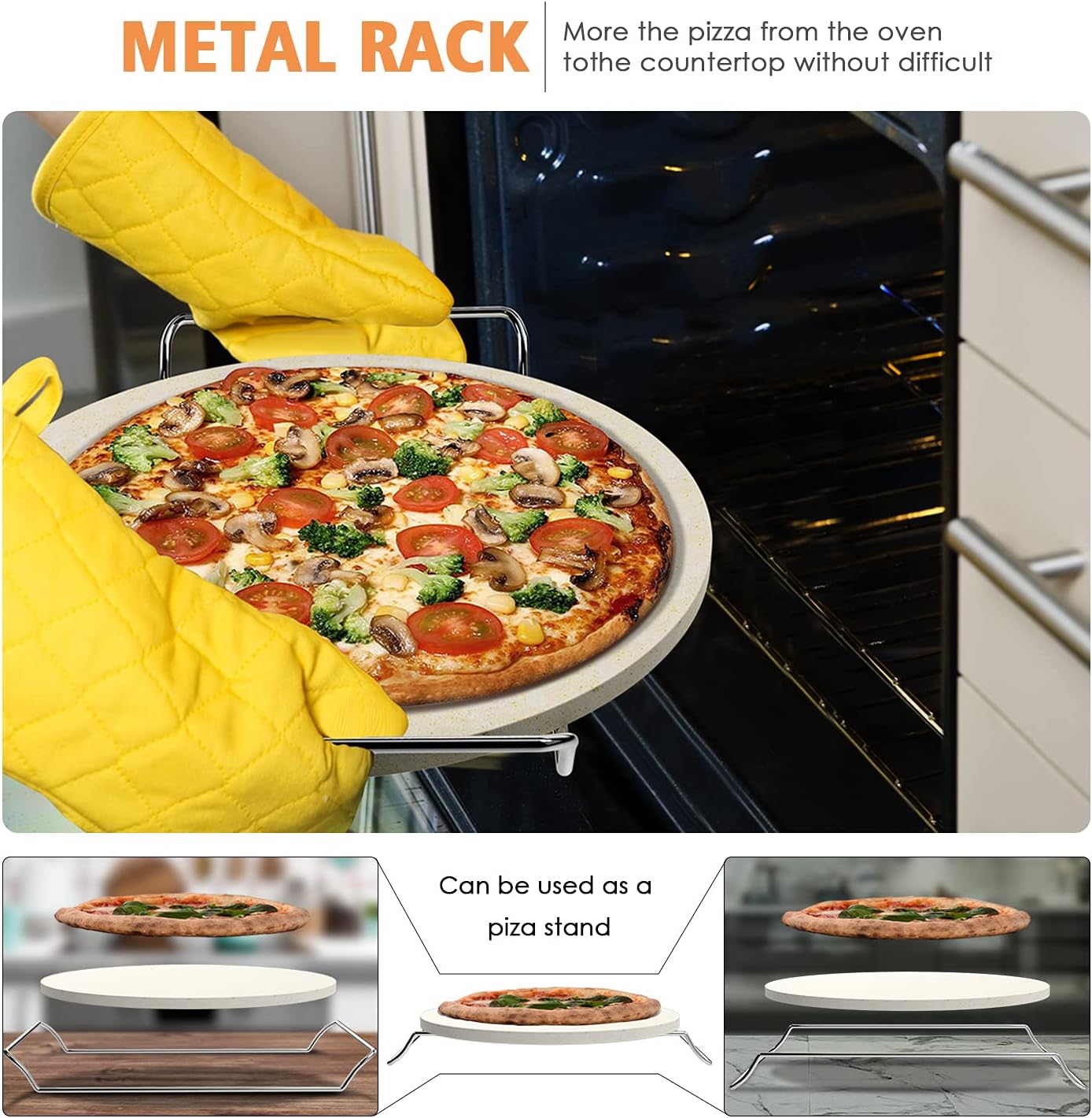 5 PCS Round Pizza Stone Set, 13" Pizza Stone for Oven and Grill with Pizza Peel(OAK),Serving Rack, Pizza Cutter & 10pcs Cooking Paper for Free, Baking Stone for Pizza, Bread