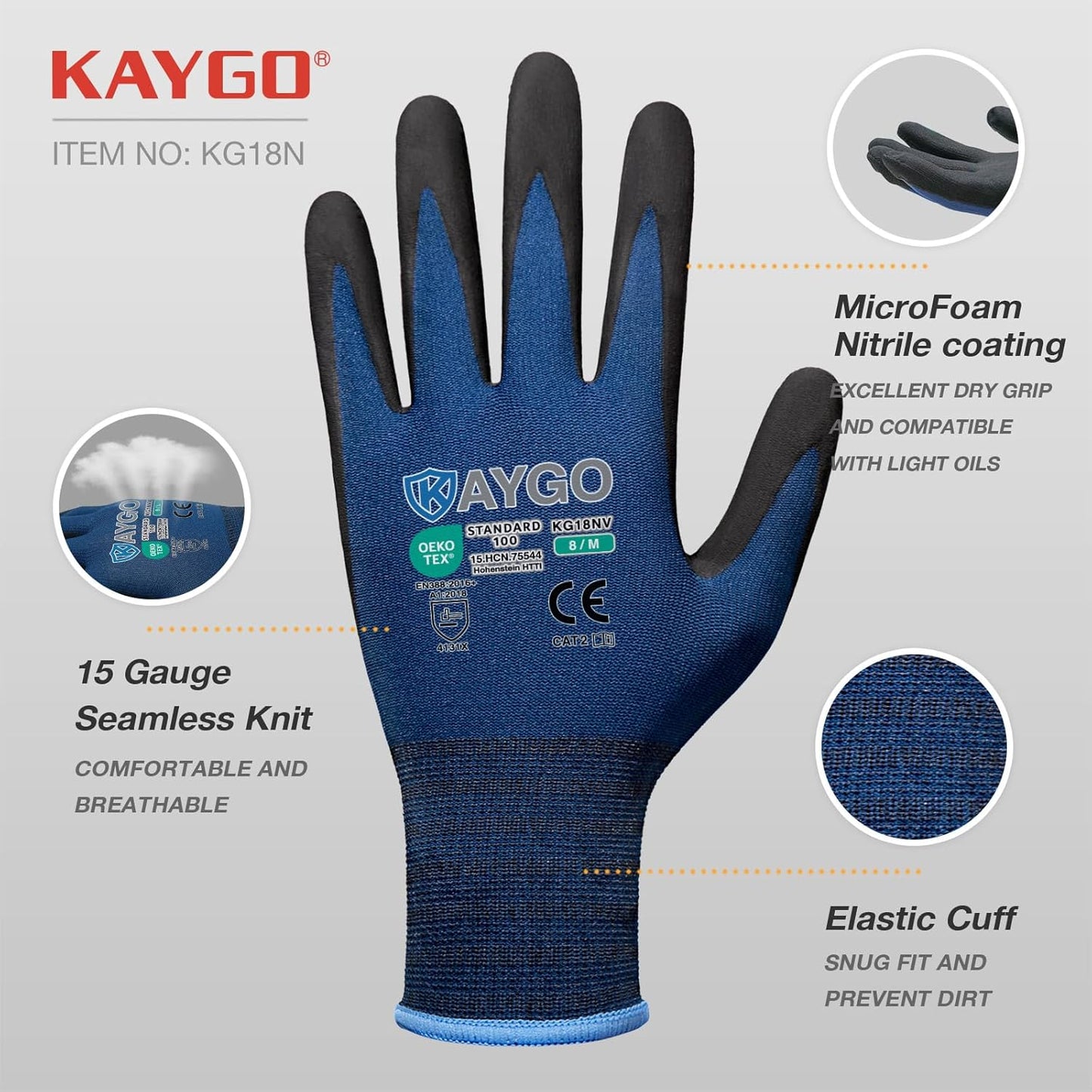 KAYGO Safety Work Gloves MicroFoam Nitrile Coated, 3 Pairs KG18NB,Seamless Knit Nylon Glove for Men and Women, Ideal for Automotive,Warehouse,Construction (M, Dark Blue)