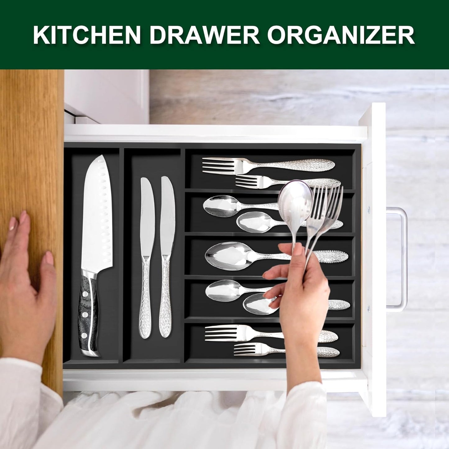 Bellsal Black Utensil Organizer 12.5 Inch Silverware Tray for Drawer Utensil Holder Cutlery Organizer Kitchen Drawer Organizer 7 Compartment Small Narrow Bamboo