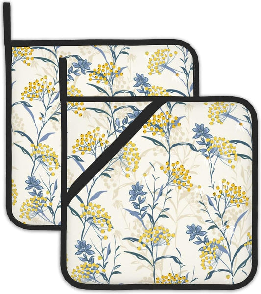 Vintage Floral Plan Pot Holders Set of 2 Heat Resistant Potholders,Yellow Blue Fire Oven Hot Pads for Kitchen Cooking Baking Barbecue