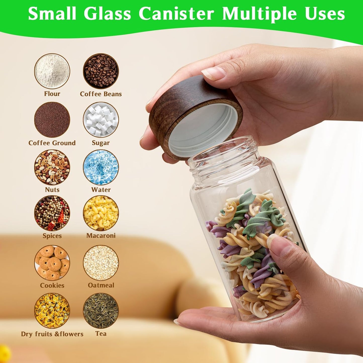 Large Glass Coffee Jars, Round Storage Canister with Wooden Lid Clear Glass Food Jar for Pantry Sugar Tea Coffee Bean Spice Nuts Cookies Bath Salts (4×250ml(8.4oz))