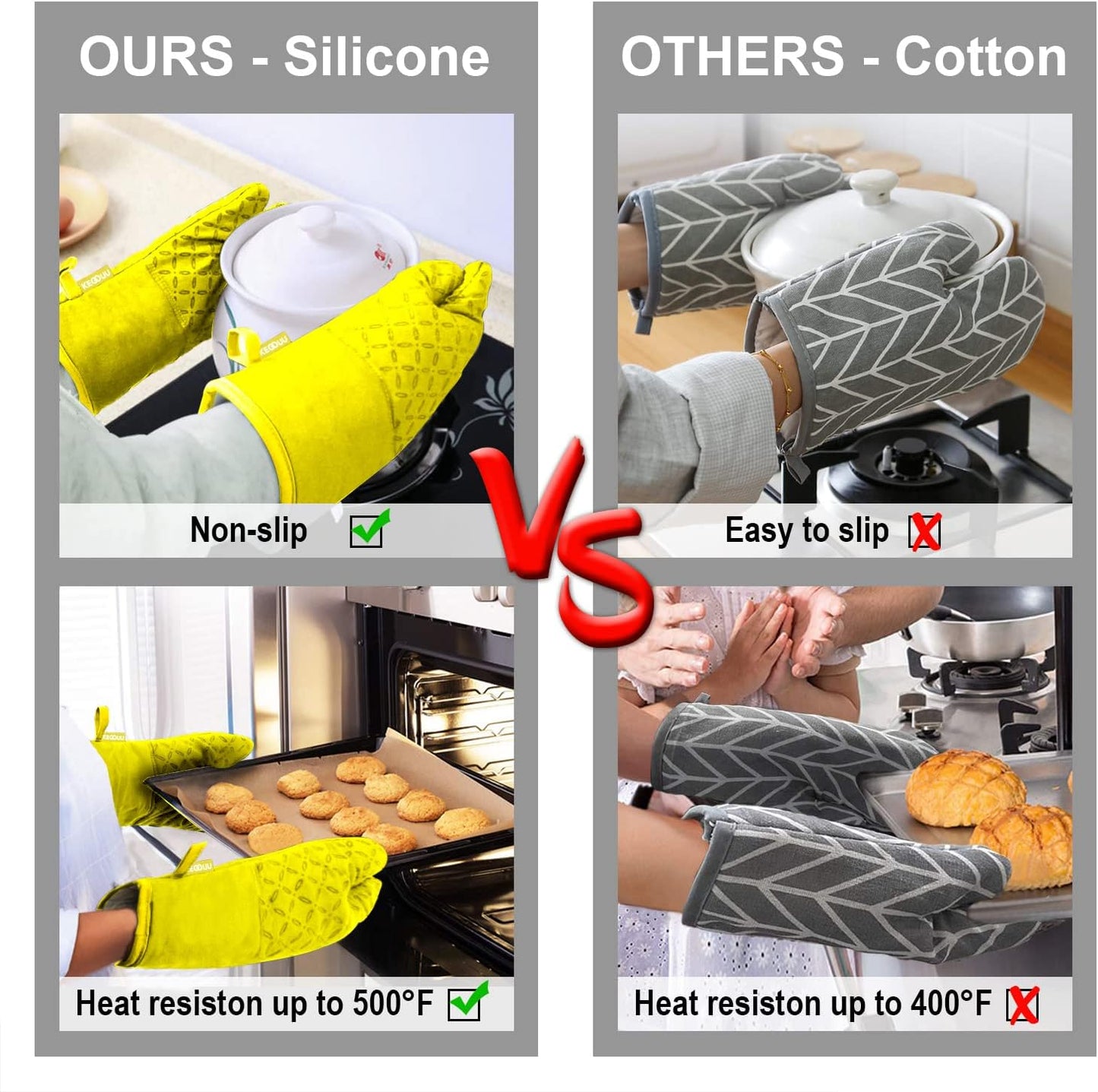 KEGOUU Oven Mitts and Pot Holders 6pcs Set, Kitchen Oven Glove High Heat Resistant 500 Degree Extra Long Oven Mitts and Potholder with Non-Slip Silicone Surface for Cooking (Yellow)