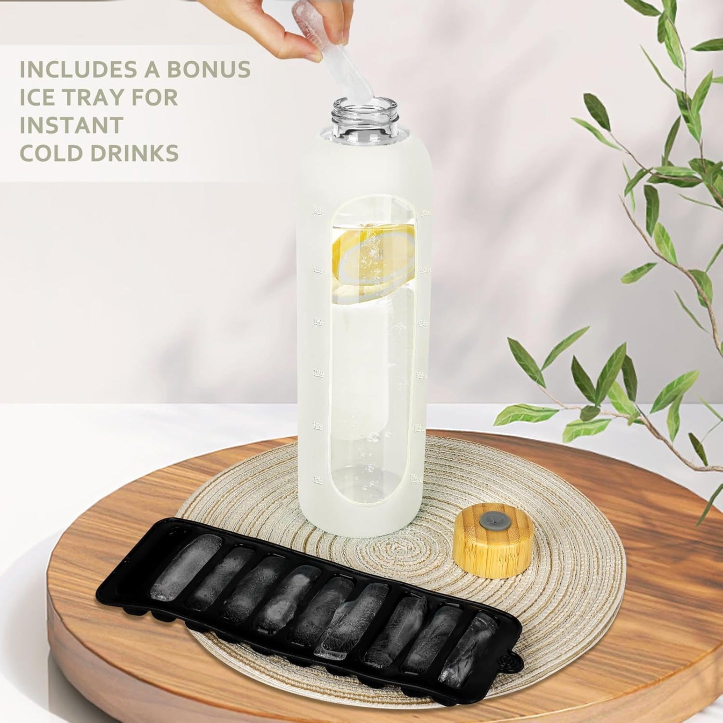 Glass Water Bottles 32 oz - Motivational Drinking Glass Water Bottle with Silicone Sleeve, Straw & 2 Bamboo Lids - 1 Liter Clear Borosilicate Daily Intake Tumbler with Time Marker - Cream