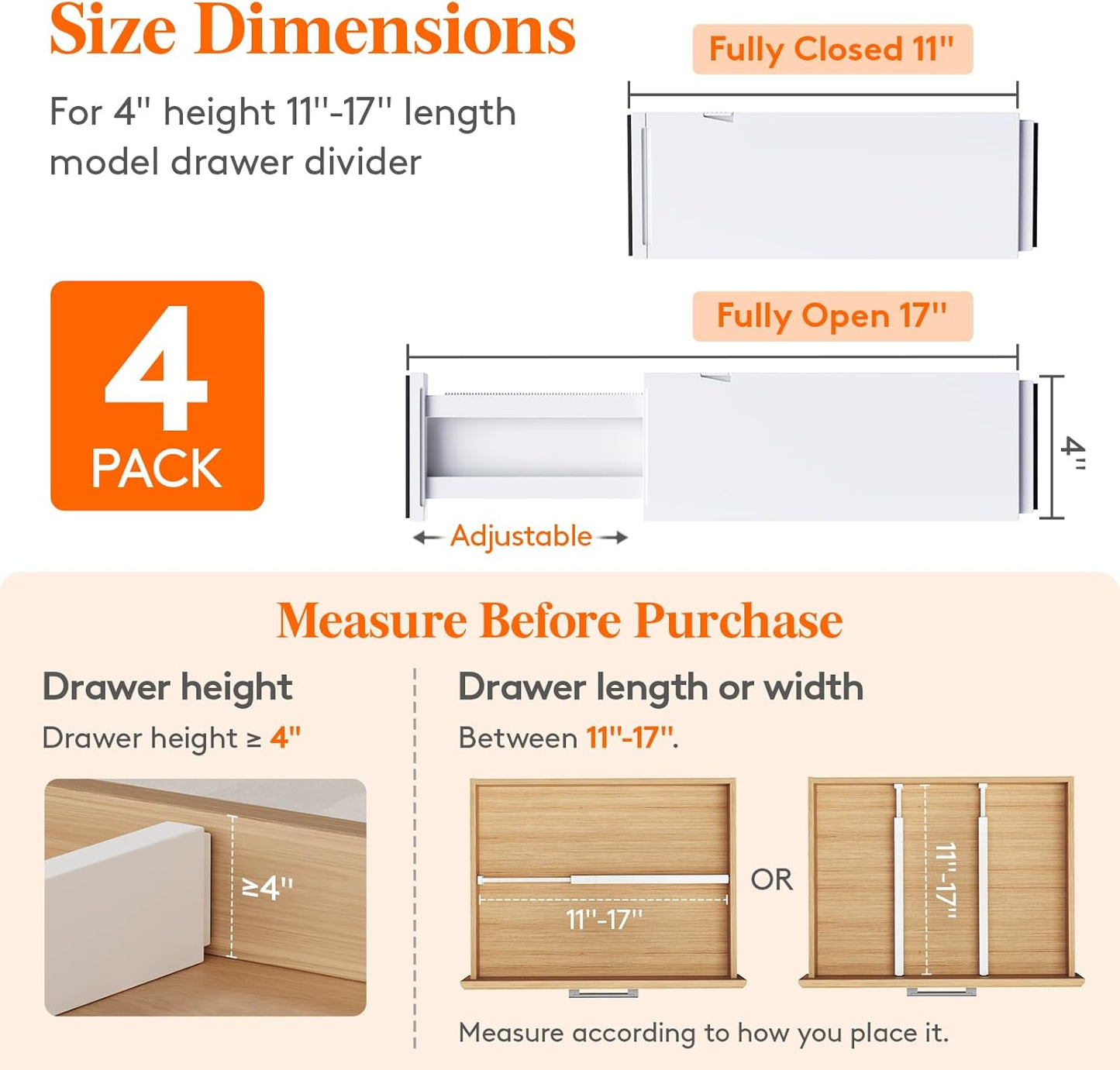 Lifewit 4 Pack Drawer Divider 4" High,11-17" Drawer Dividers for Clothes, Adjustable Clothing Drawer Organizers, Expandable White Dresser Drawer Separators for Bedroom, Bathroom, Vanity, Office