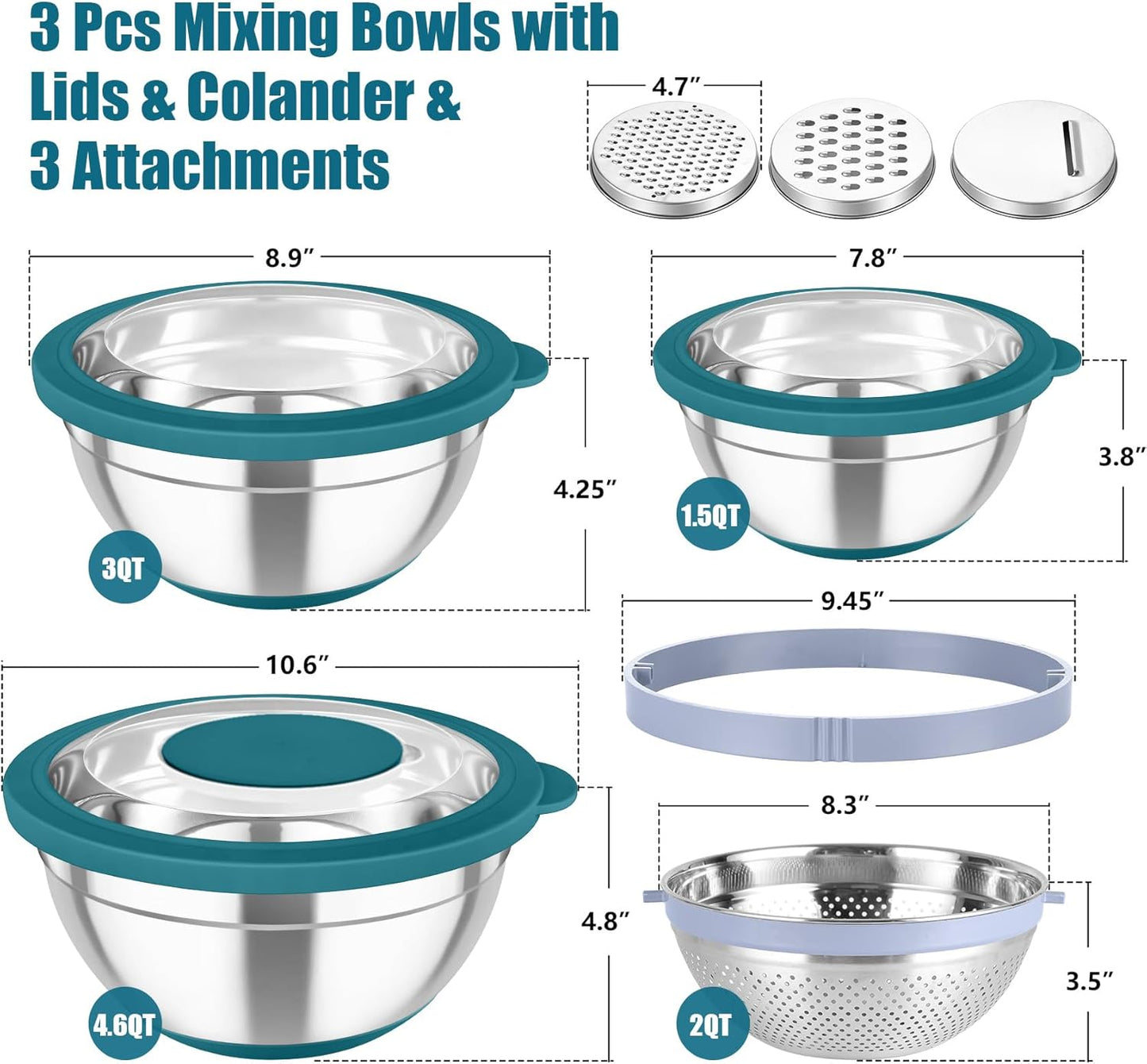 TeamFar Mixing Bowls with Colander Set, Stainless Steel Strainer and Nesting Salad Bowls, with Lids & 3 Graters, Non-Slip Bottom & Visible Lid, Rotatable & Dishwasher Safe, 4.6/3/1.5 QT, Blue
