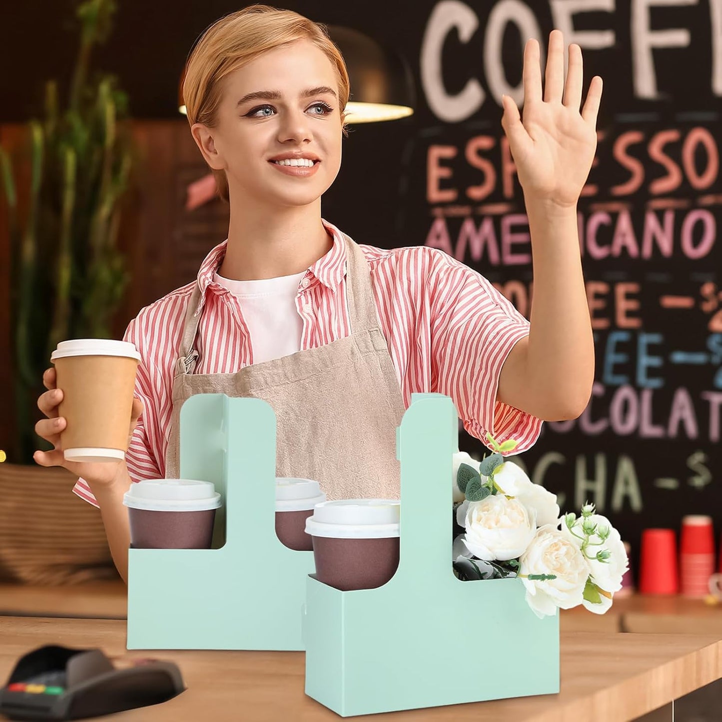 Kosiz 60 Pcs 2 Cups Drink Carrier with Handle 6.9 x 3.2 x 8.9 Inch Coffee Holder Paperboard Drink Caddy for Hot and Cold Beverage Takeout Cafe and Restaurant Xmas Wedding Food Delivery(Green)