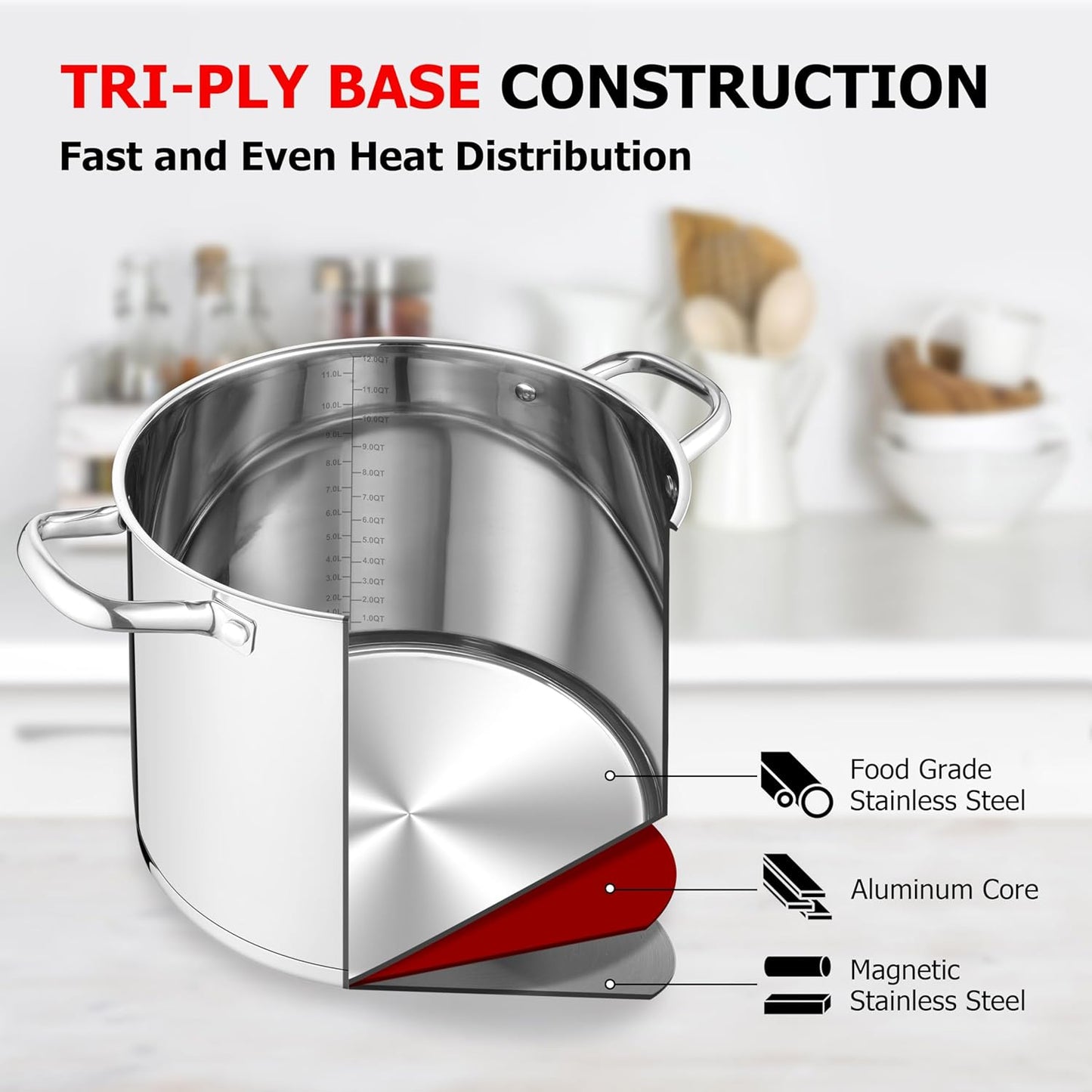 LIANYU 12 QT Stock Pot with Lid, 12 Quart Stainless Steel Large Tall Soup Pot for Cooking, Big Deep Stockpot with Visible Lid, Tri-ply Heavy Duty Stockpot for Induction, Stoves, Gas