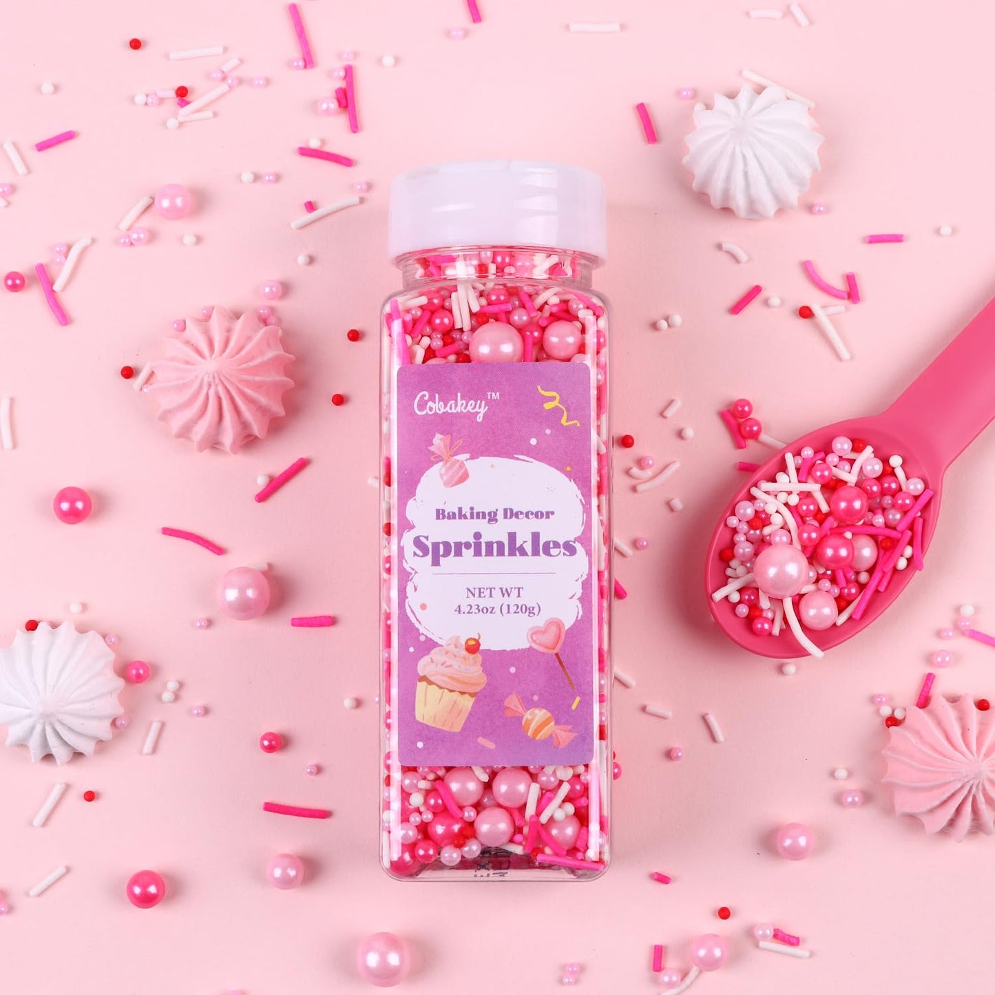 Pink Sprinkles for Cake Decorating 4.23ounce - Pearl Sprinkles for Baking, Cupcake, Ice Cream, Candy, Cookie Decorations - Pink Sprinkles for Valentines Princess Bridal Shower Wedding Party