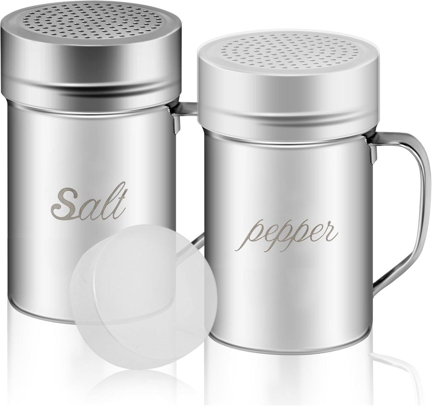 Stainless Steel Salt and Pepper Shakers Set, 14 OZ Seasoning Spice Shaker with Lid and Handle 127 Holes, Metal Dredge Shaker for Powder Sugar Cooking Kitchen Baking (2 Pieces)