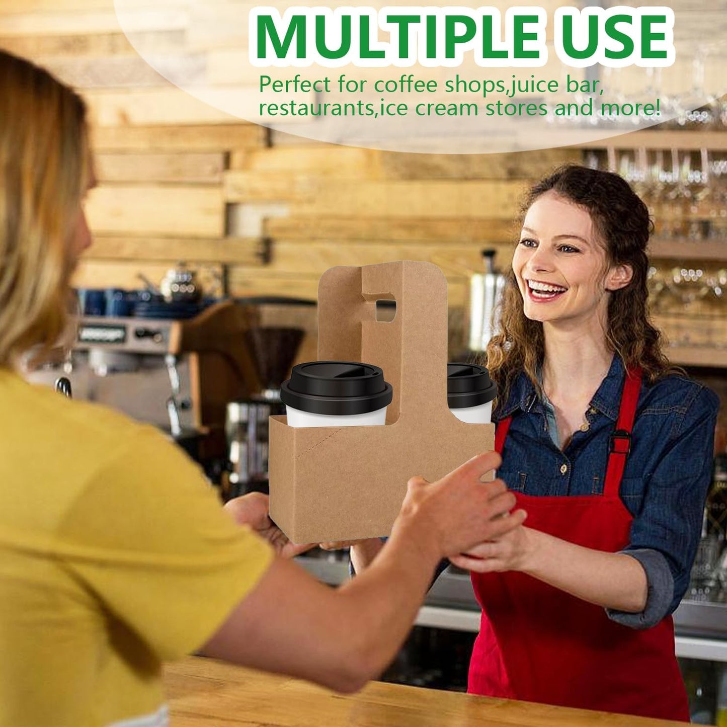 50PCS 2 Cup Disposable Drink Carrier with Handle, Floral Wrap Packing Gift Box, Portable Take Out Cup Carriers for Delivery Coffee Beverage, Kraft Paperboard Cup Holder for Hot or Cold Drinks