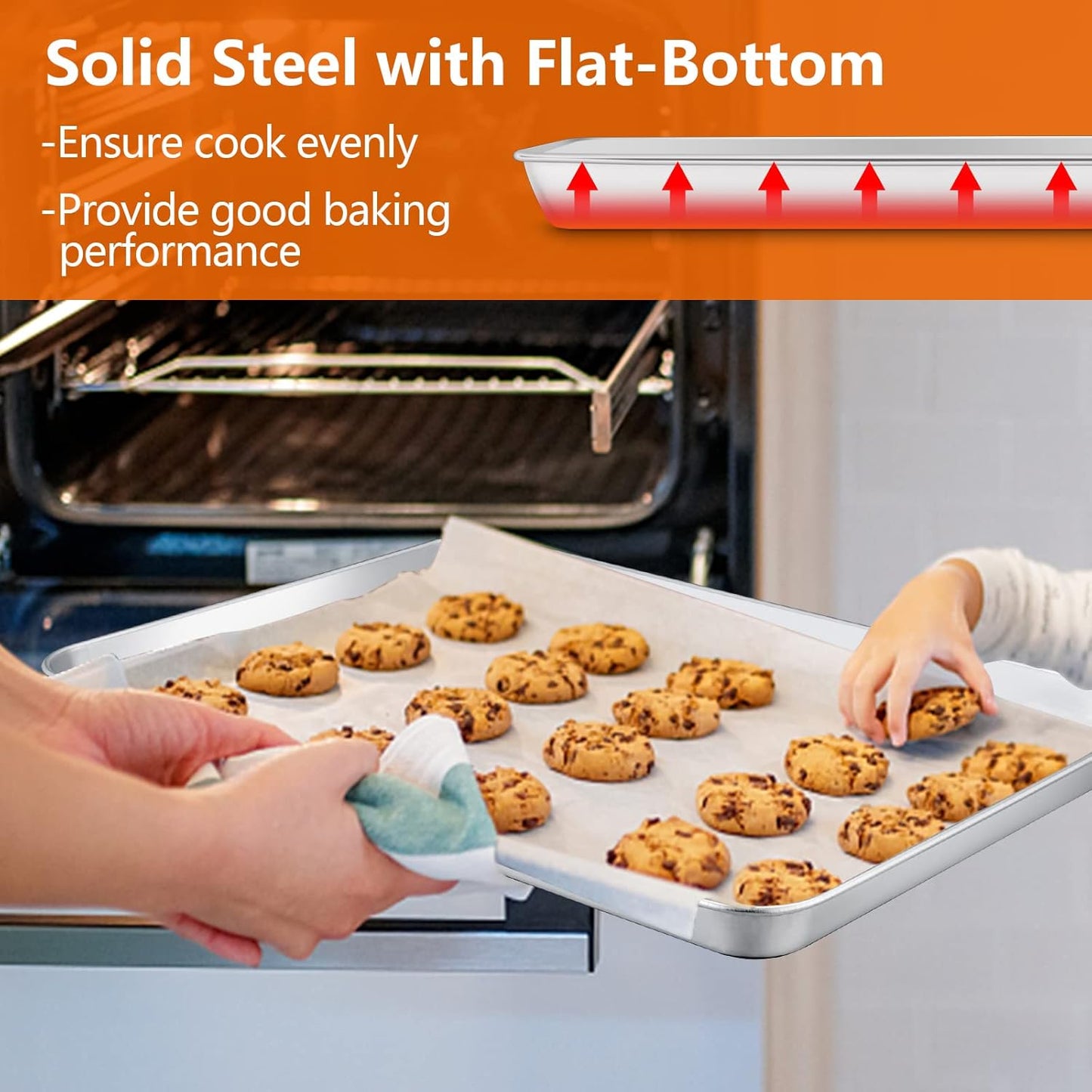 Large Baking Sheet, E-far 18”x13” Stainless Steel Cookie Sheet Pan for Oven with 50 Parchment Paper, Rectangle Metal Baking Tray for Roasting, Rust Free & Heavy Duty, Dishwasher Safe-2 Pack