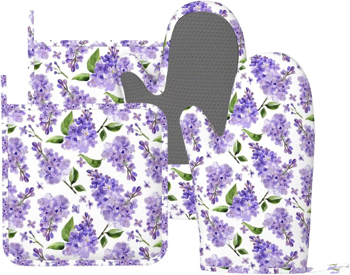 Lavender Oven Mitts and Pot Holders 4 pcs Set Silicone Lilac Flower Kitchen Oven Mitt Gloves Lavenders Pot Holders Non-Slip Heat Resistant Cooking Mitts Set for Kitchen Baking Grilling