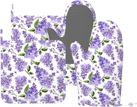 Lavender Oven Mitts and Pot Holders 4 pcs Set Silicone Lilac Flower Kitchen Oven Mitt Gloves Lavenders Pot Holders Non-Slip Heat Resistant Cooking Mitts Set for Kitchen Baking Grilling