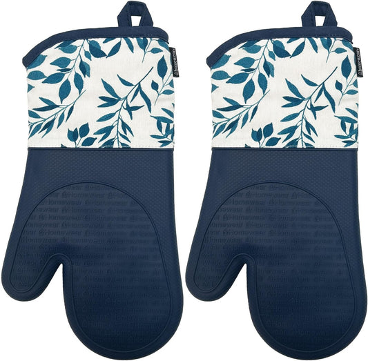 Delaney Silicone Oven Mitts Set - Extra Long, Heat Resistant Kitchen Gloves, Non-Slip Holders for BBQ, Baking, Cooking Essentials, Indigo Vines, Kitchen Decor, Oven Gloves, New Home Gifts