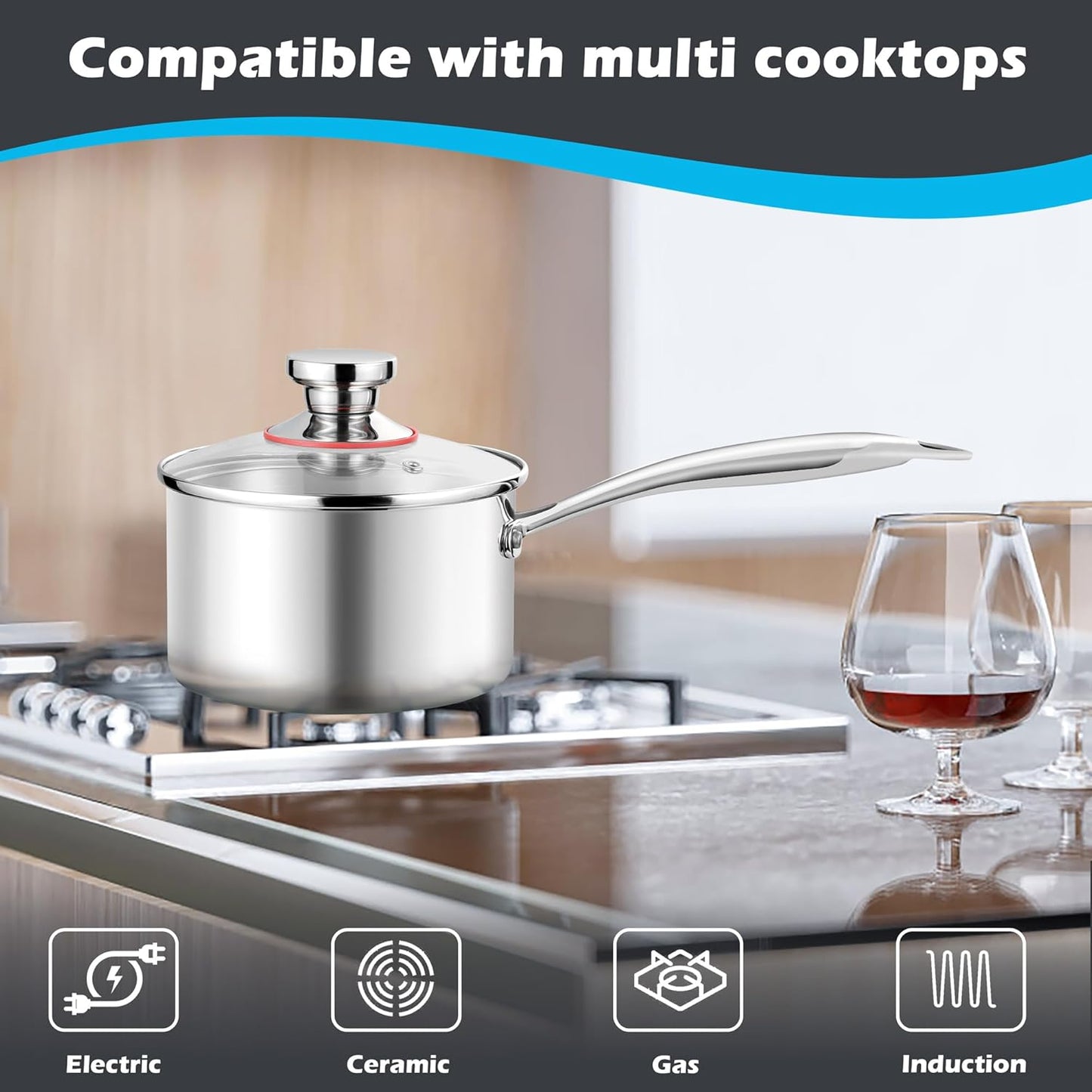 E-far 3-Quart Saucepan, Tri-Ply Stainless Steel Sauce Pan with Glass Lid, Small Cooking Induction Pot Compatible with All Cooktops, Non Toxic, Oven & Dishwasher Safe