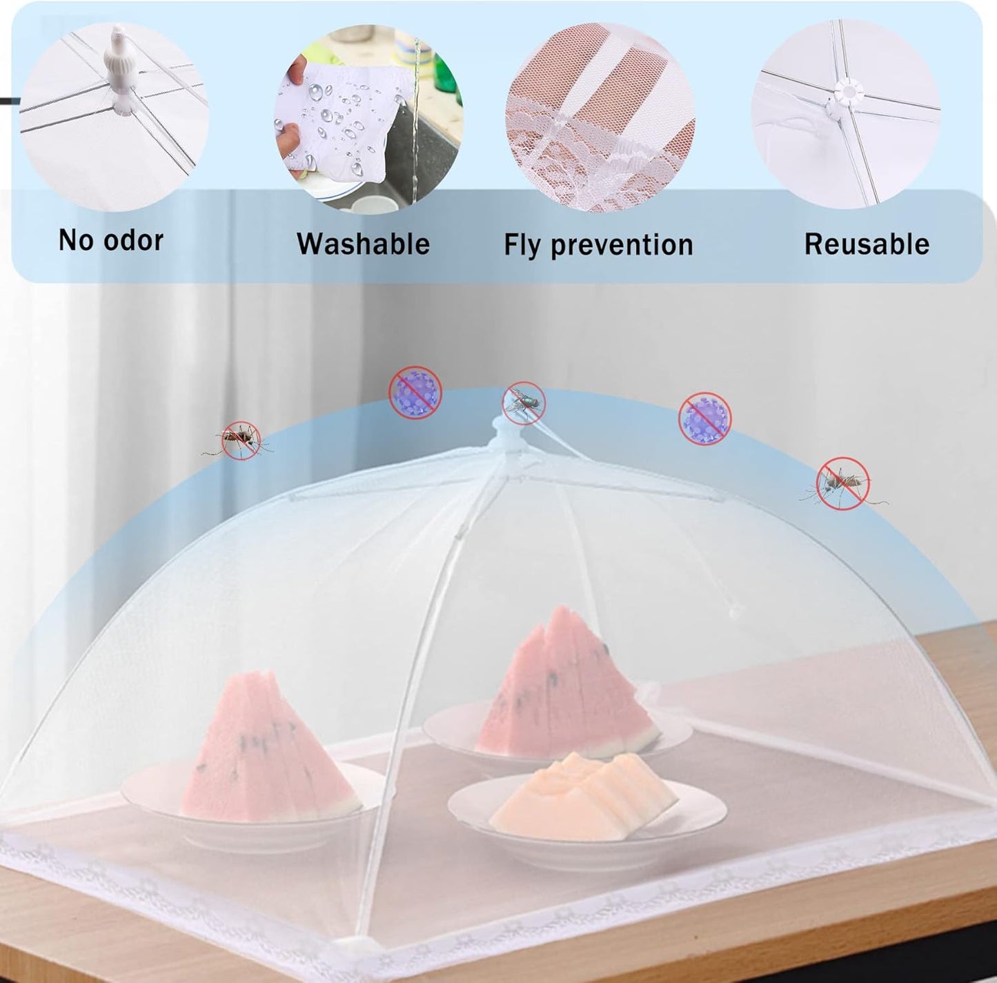 JULBEAR 4 Pcs Large and Tall Mesh Food Cover Tent Umbrella Food Screen Covers for Outside Pop-up Mesh Reusable Food Nets for Parties Picnics Outdoor BBQs Collapsible (2 Pcs 32"x24", 2 Pcs 17"x17")