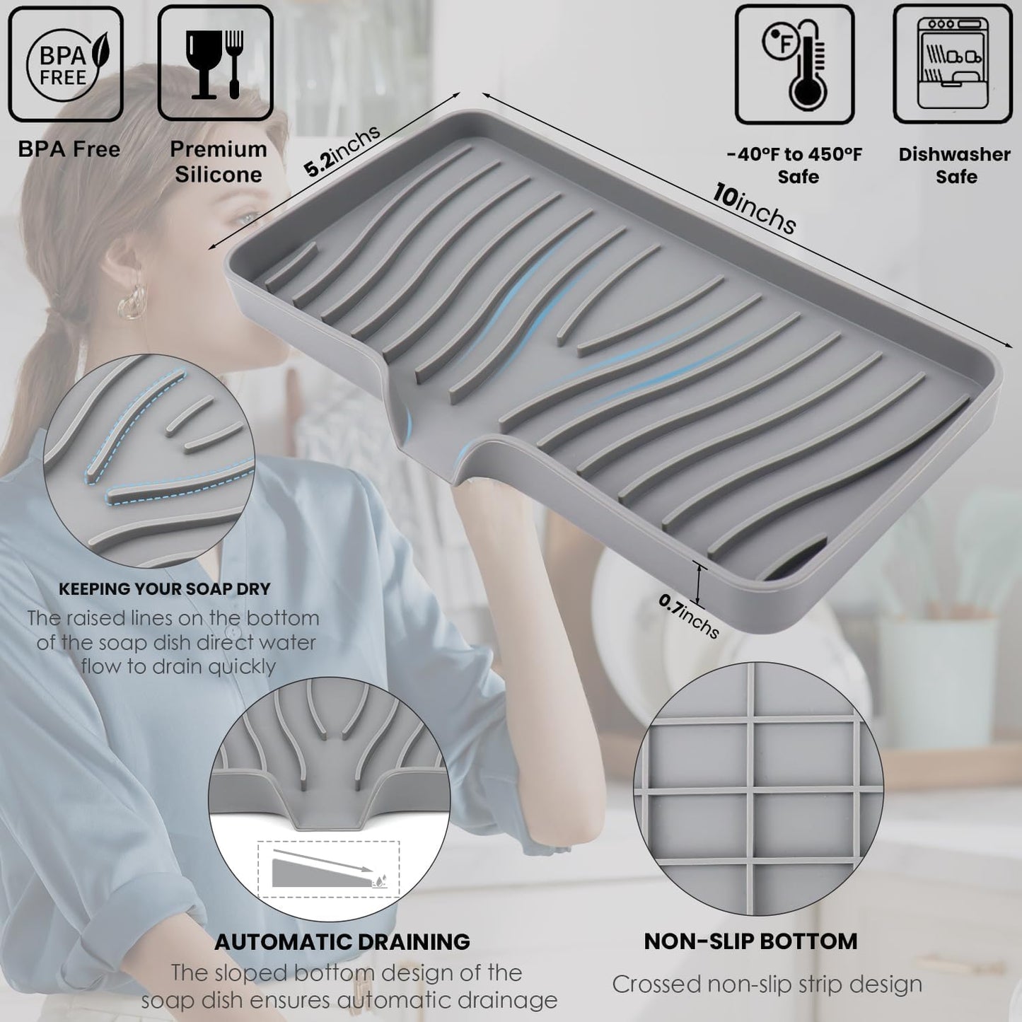 YASMEN Silicone Bathroom Soap Dishes, Sink Sponge Holder for Kitchen, Rubber Soap Dish with Drain, Shower Soap Sponge Tray, Sink or Counter Organizer, for Bar Soap, Bottle, Dish Soap Dispenser-Gray